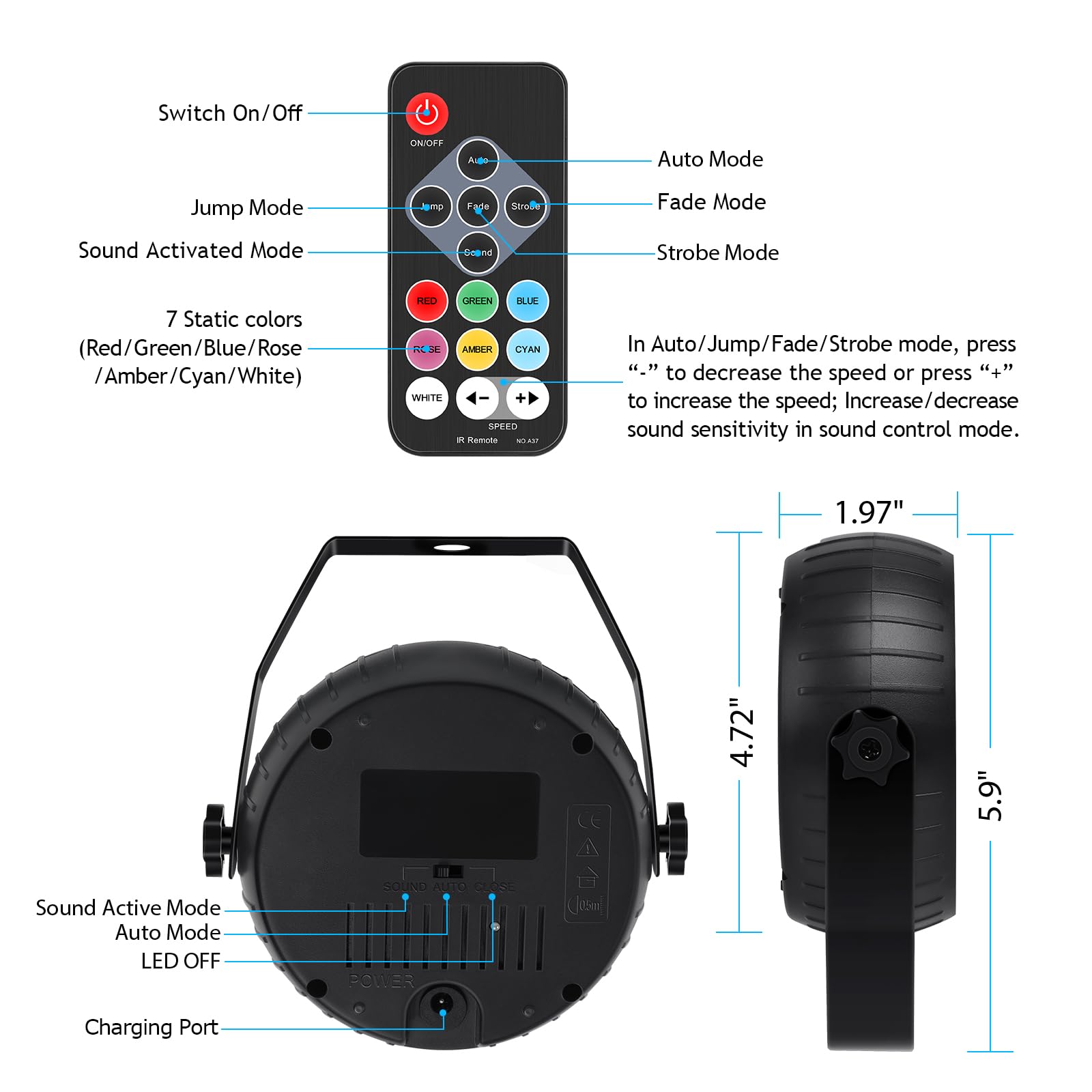 Telbum Battery Powered Strobe Light Halloween, Rechargeable Party Strobe Lights Remote Control & Sound Activated RGB 10W Wireles