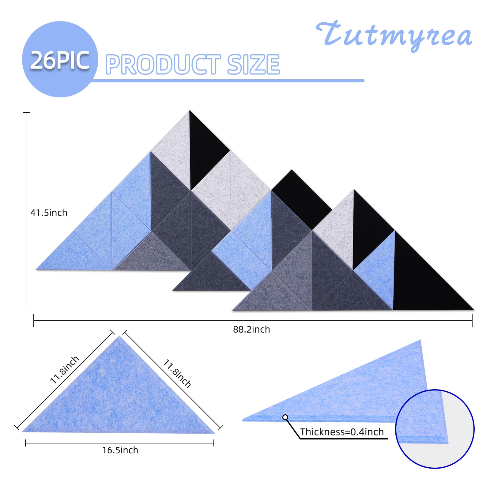 Tutmyrea 26 Pack Self-Adhesive Triangular Acoustic Panels, 96''X37.5'' Sound Absorbing Panels, Wall Decoration Art Soundproof Wa