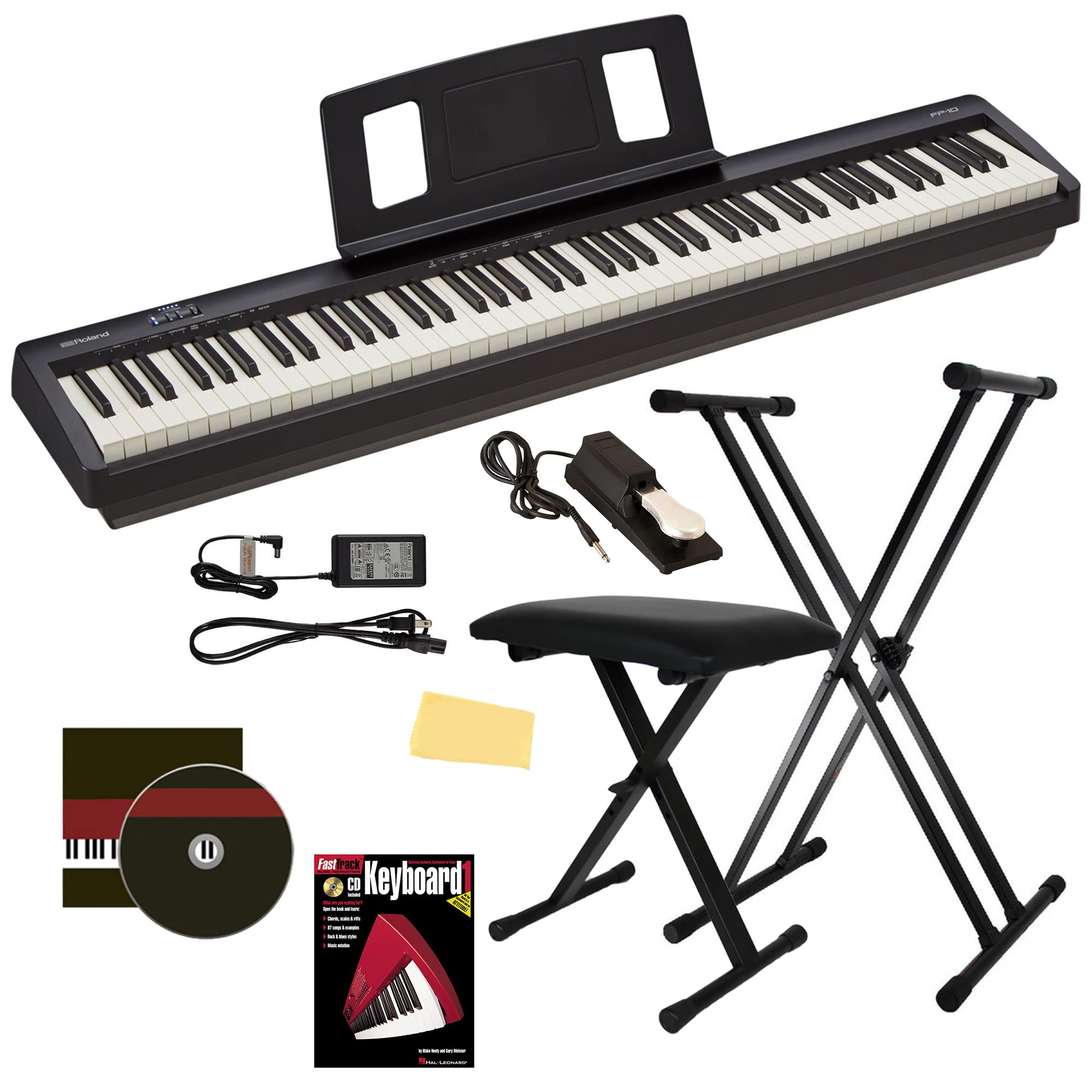 Roland FP-10 Digital Piano - Black Bundle with Adjustable Stand, Bench, Sustain Pedal, Piano Book, Online Piano Lessons, Instruc