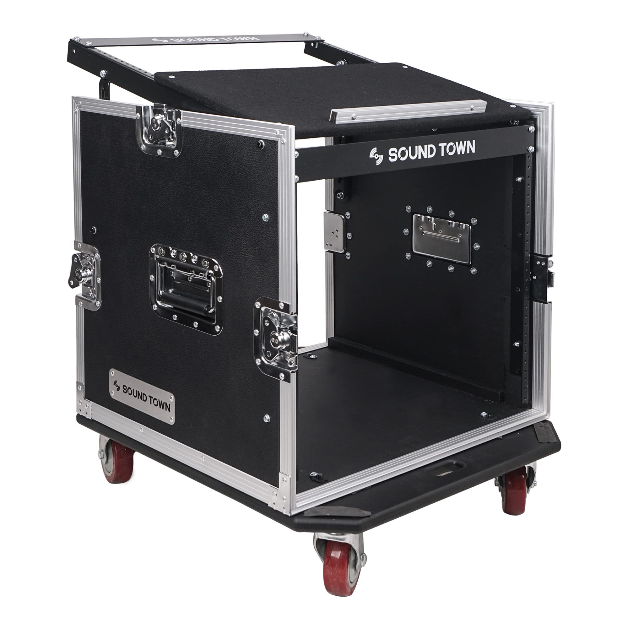 Sound Town Enhanced 1/2 (12mm) Plywood 10U PA DJ Pro Audio Rack/Road ATA Case with 11U Slant Mixer Top, 20 Rackable Depth and Ca