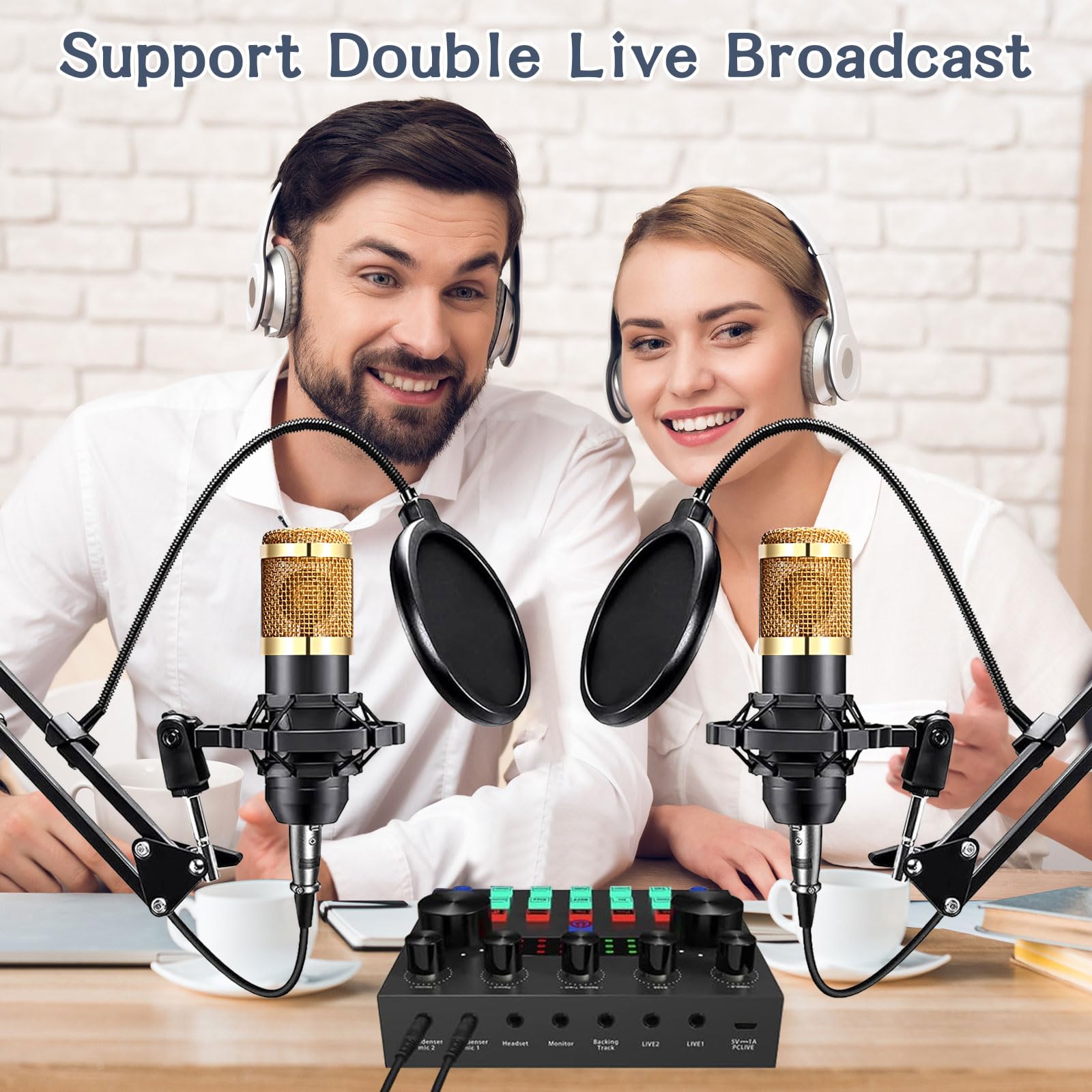 ALPOWL Podcast Equipment Bundle for 2, Audio Interface with Cardioid Designer BM800 Mic for Gamer and All-in-One DJ Mixer, Perfe