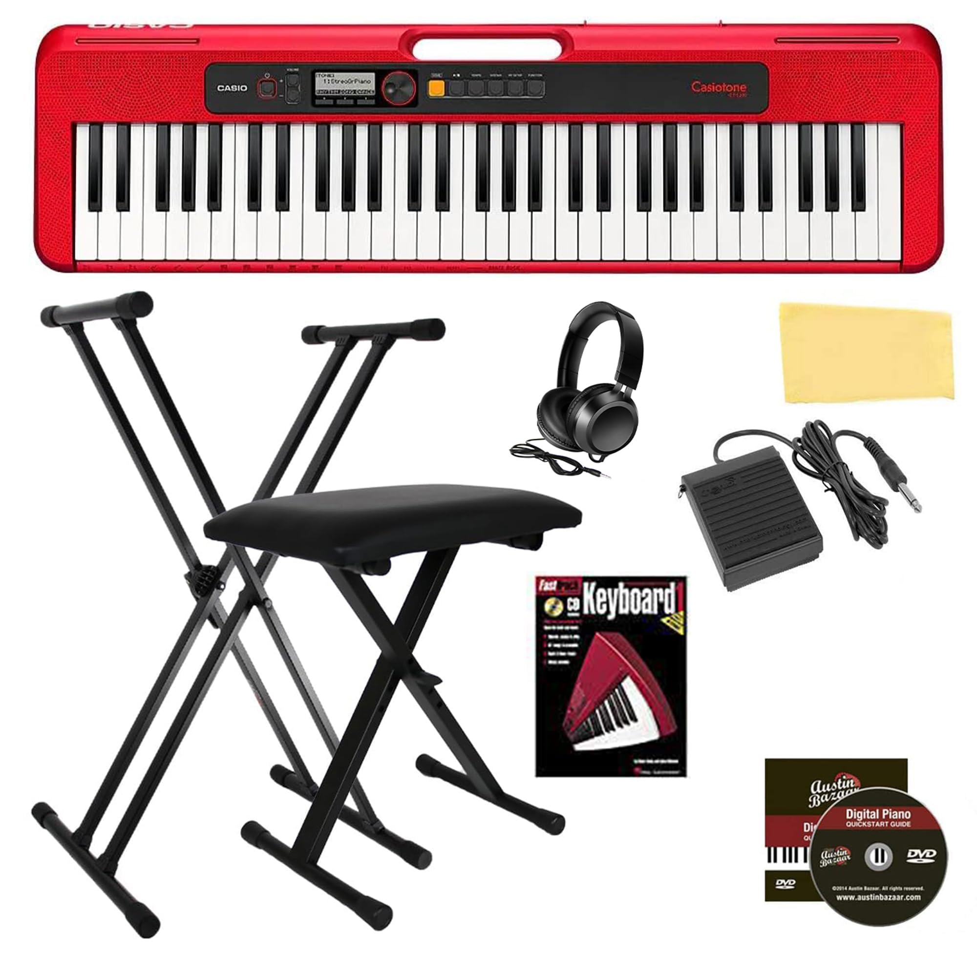 Casio Casiotone CT-S200 61-Key Portable Keyboard - Red Bundle with Adjustable Stand, Bench, Headphones, Sustain Pedal, Piano Boo