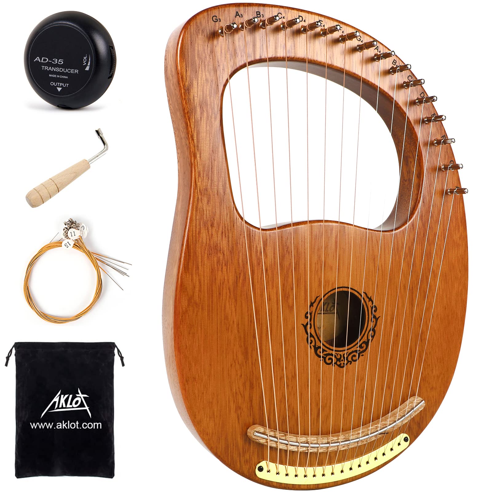 Lyre Harp, AKLOT 16 Metal Strings Maple Saddle Mahogany Body Lyra Harp with Carved Note Tuning Wrench Pick up Strings and Black 