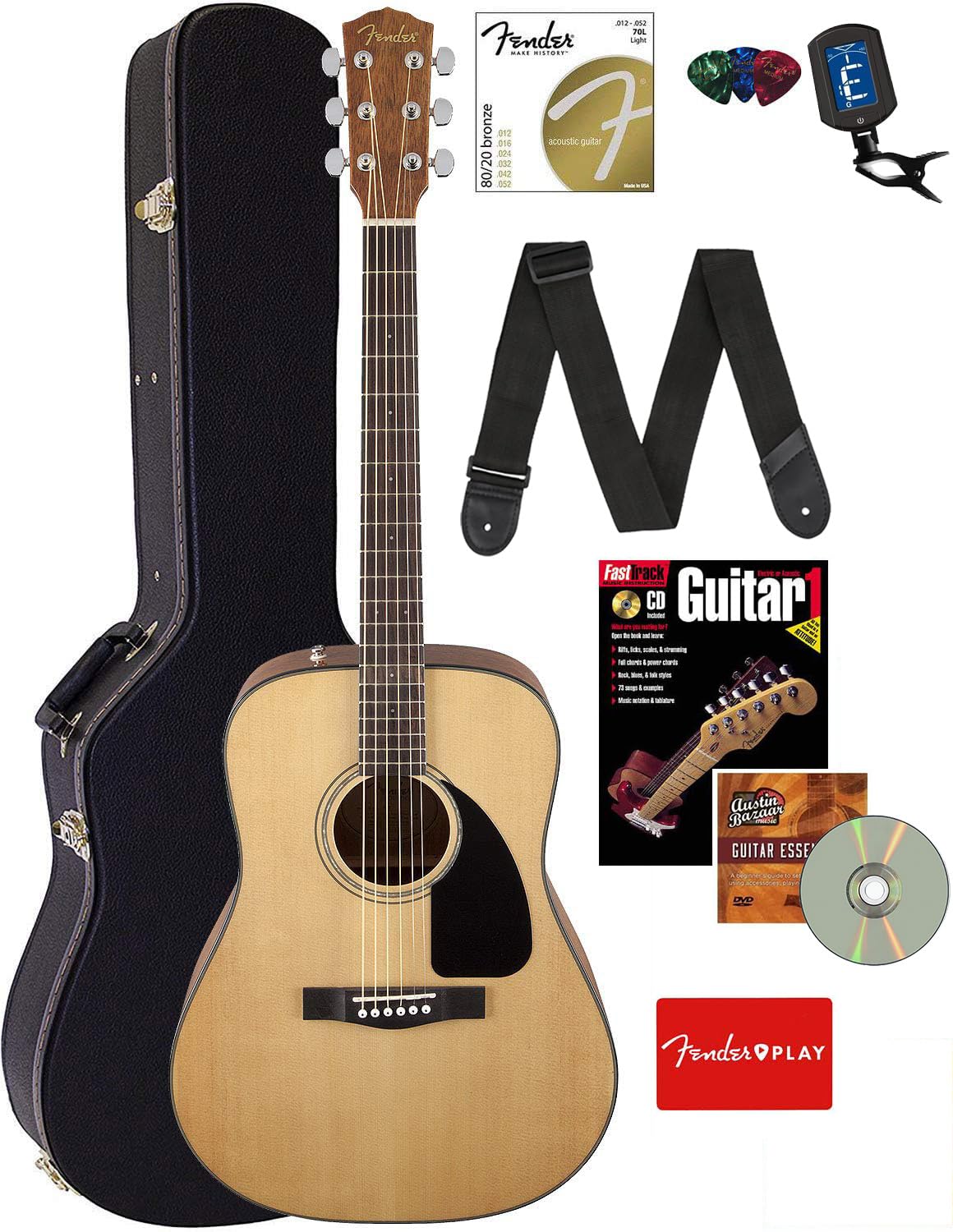 Fender Cd-60 Dreadnought Acoustic Guitar - Natural Bundle With Hard Case, Strap, Tuner, Strings, Picks, Online Lessons, Instruct