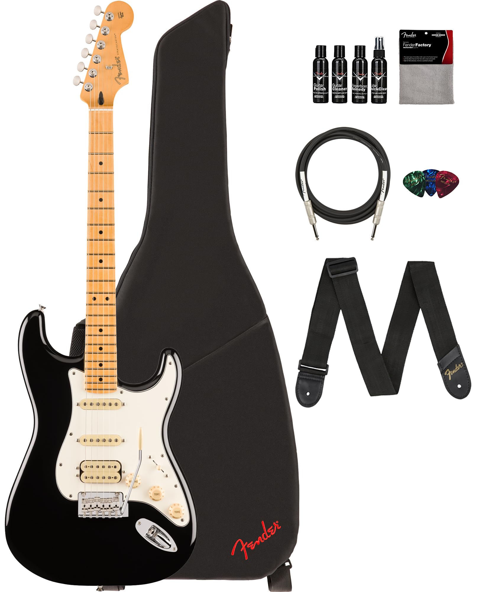 Fender Player Ii Stratocaster Hss - Black Bundle With Gig Bag, Strap, Cable, 3-Pack Picks And Guitar Cleaning Kit