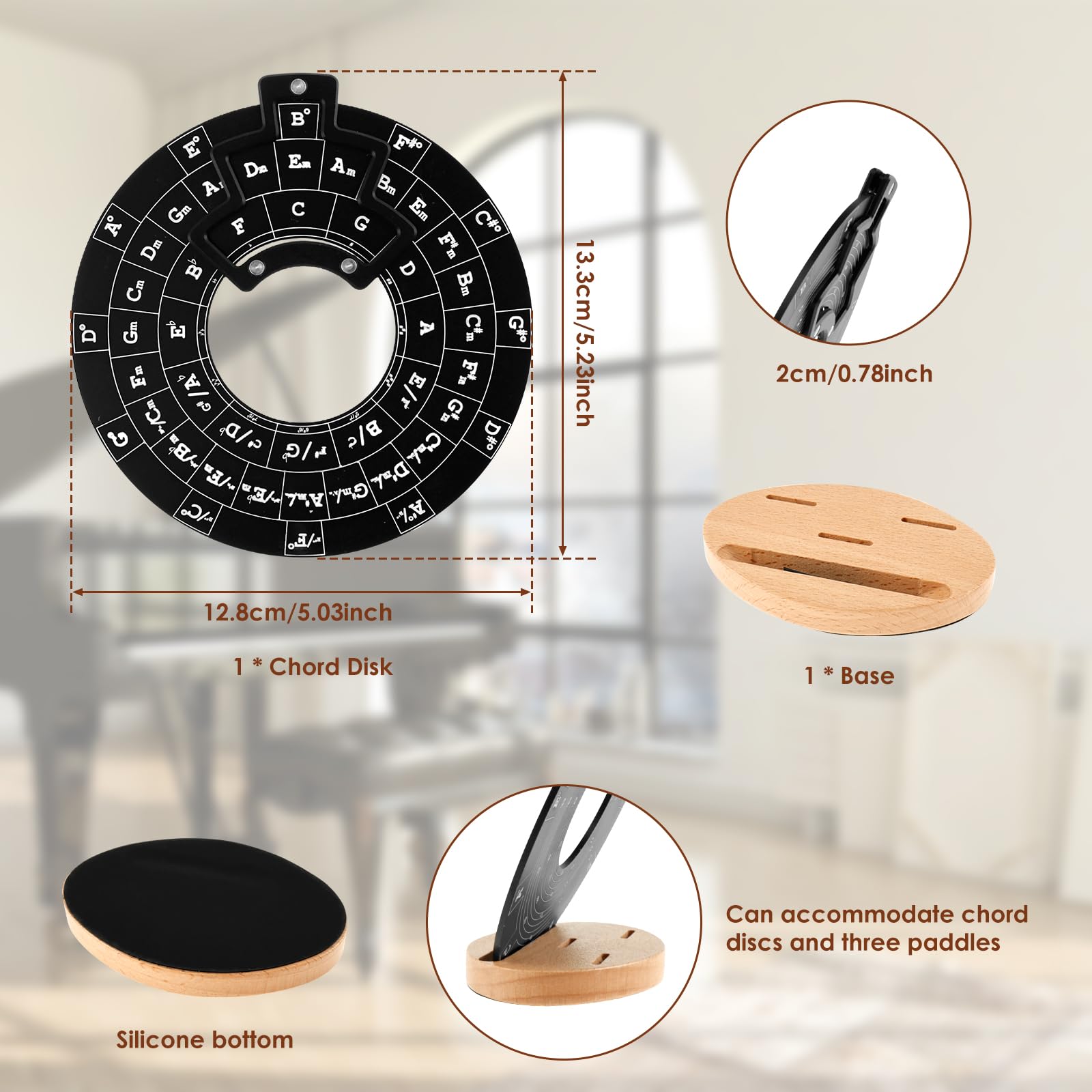 VMBQRTI Circle of Fifths Wheel Metal with Wooden Stand, Complete with Guitar Chord Chart and Music Theory Book for Musical Instr