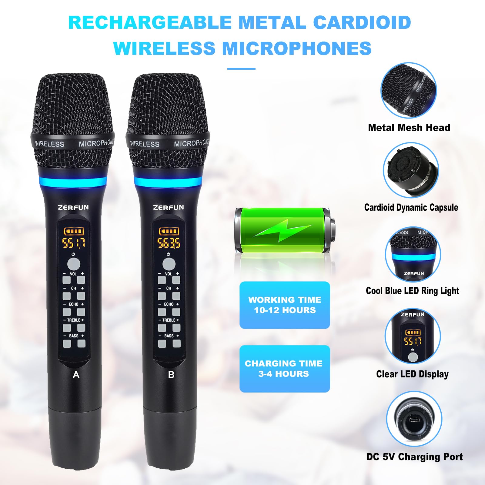 ZERFUN 4 Channel Rechargeable Wireless Microphone System, Pro UHF Metal Handheld Wireless Microphones Cordless Mics with Echo Tr