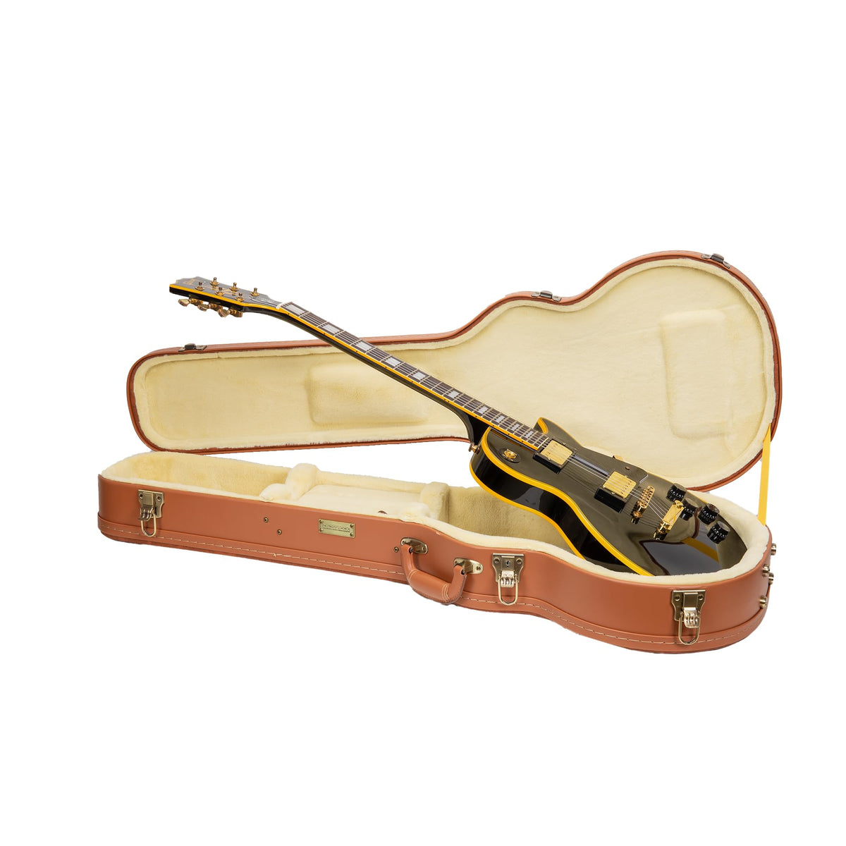 Crossrock Relief Series Les Paul Guitar Case For Single-Cut Electric Guitars | Carved Red Wood Finish, Ivory Plush Interior, Loc
