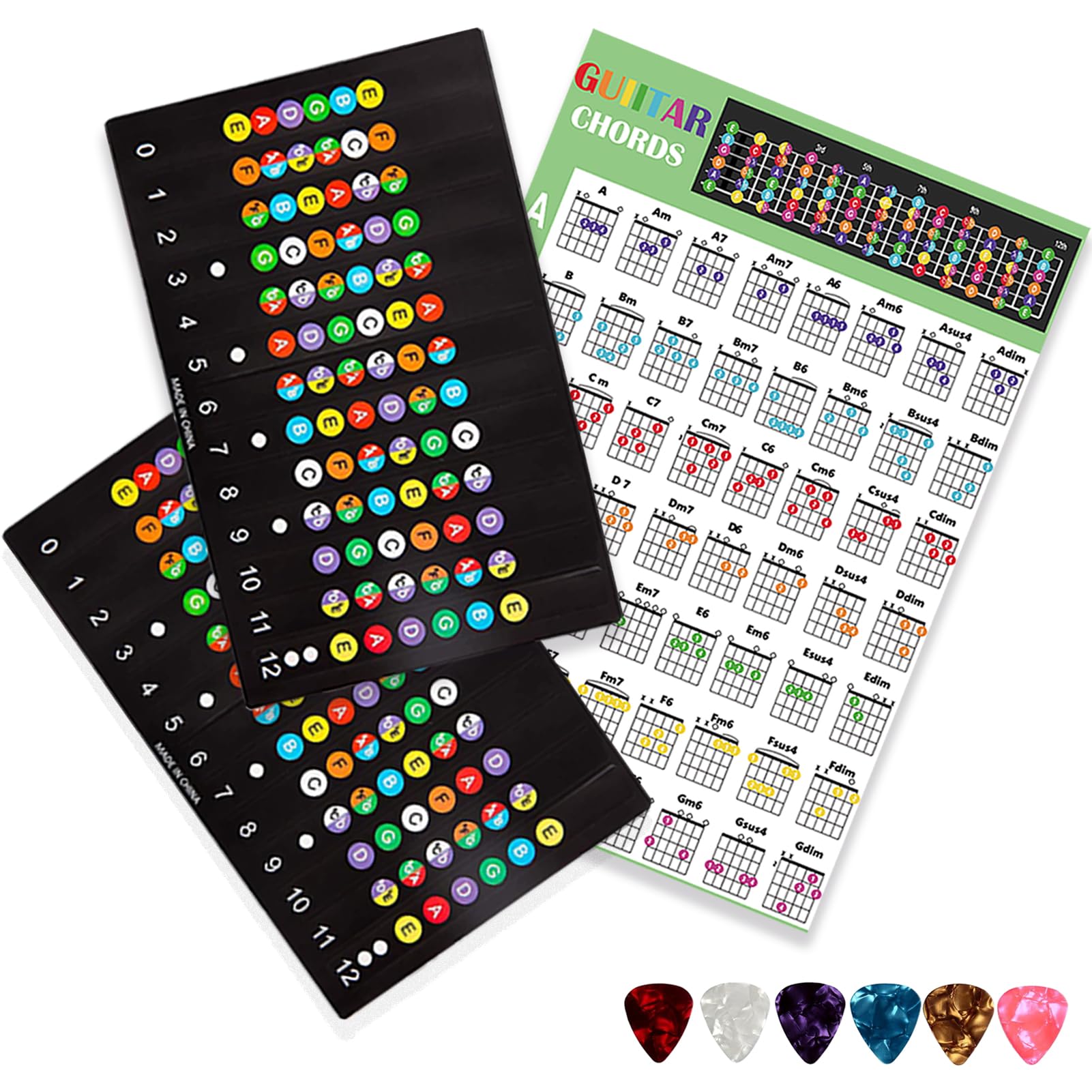 Guitar Fretboard Stickers, With Guitar Chord Chart,Color Coded Note Decals Guitar Tools For Learner Practice Fit 6 Strings Guita