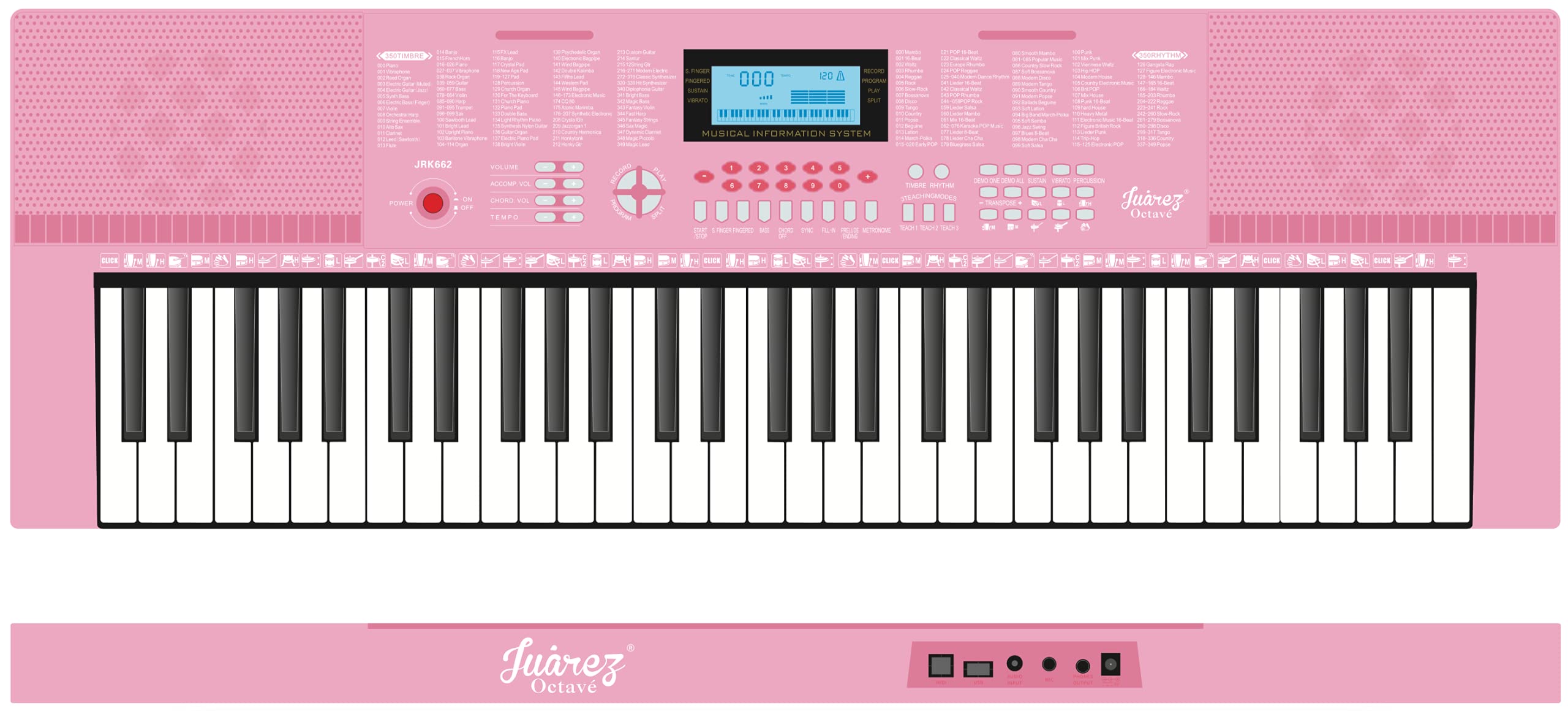 Juarez Jrk663 61-Key Light-Up Piano Electronic Keyboard  350 Timbres, 350 Rhythms, 30 Demo, Led Keys, Mic, Recording, Teaching M