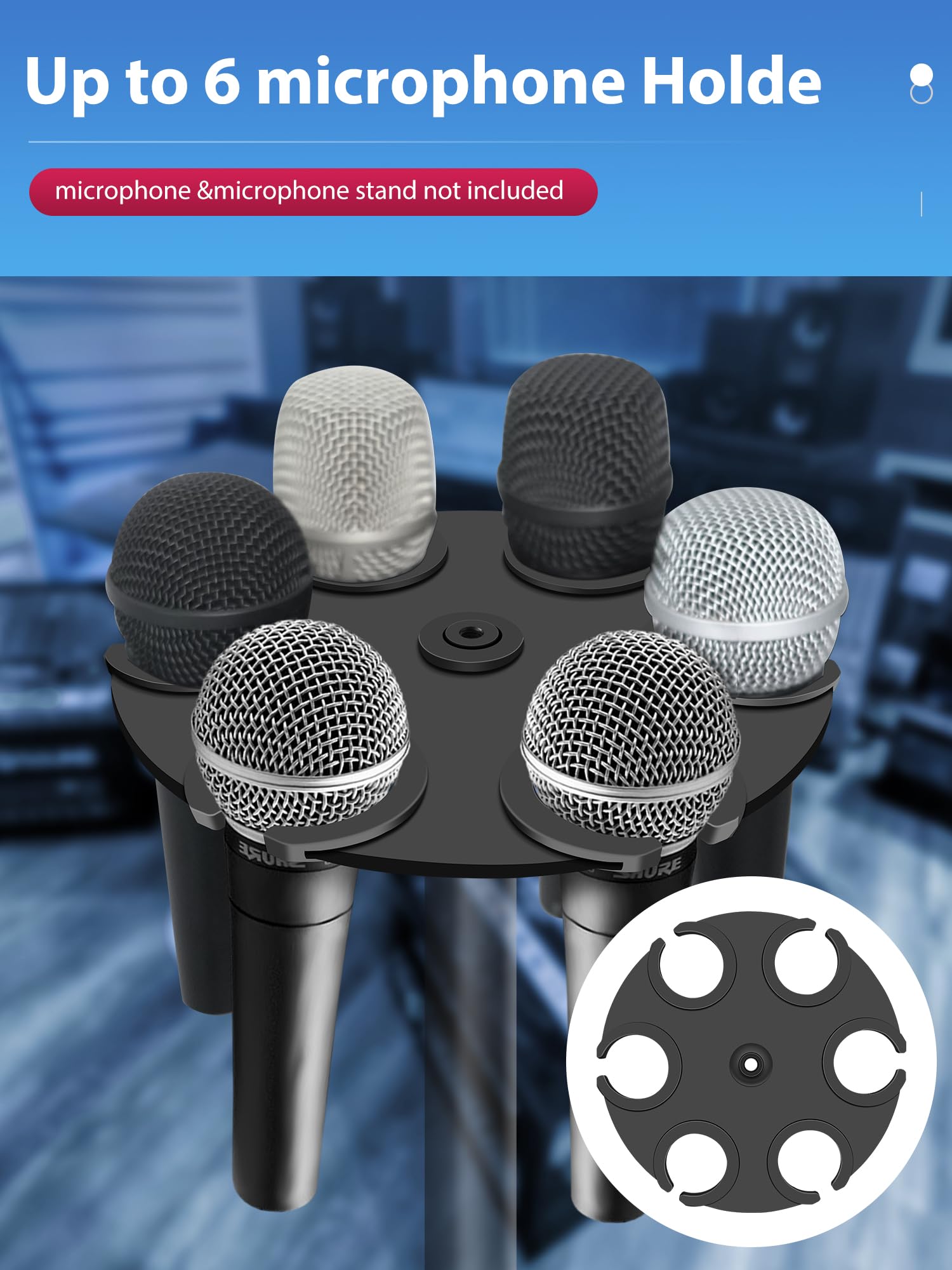 Multi Microphone Holder Up to 6 Mic (Aluminum/Rubber padding) for Handheld Dynamic, Wired and Wireless Mics, Multiple Mic Organi