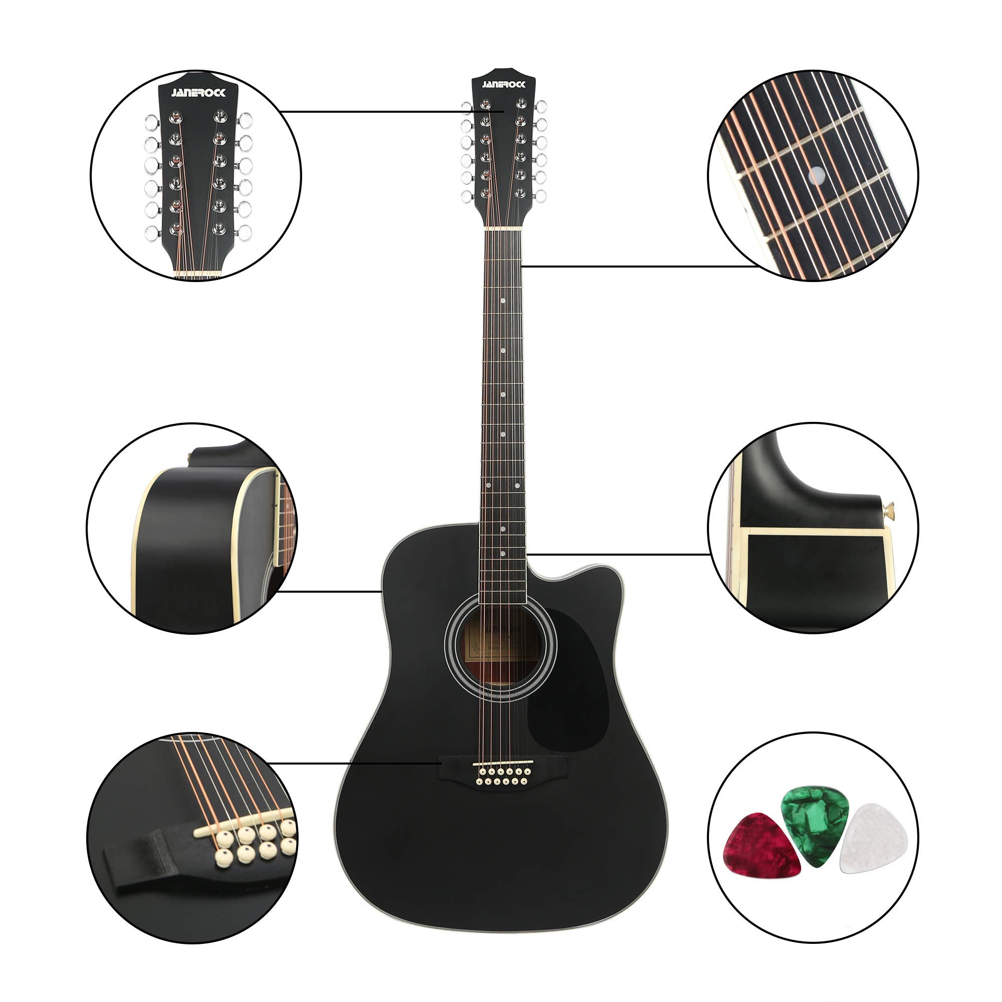12 String Acoustic Guitar Cutaway,Adjustable Truss Rod Full Size Bundle with Gig Bag,Tuner,Strings,Strap, Picks, Black By Janero