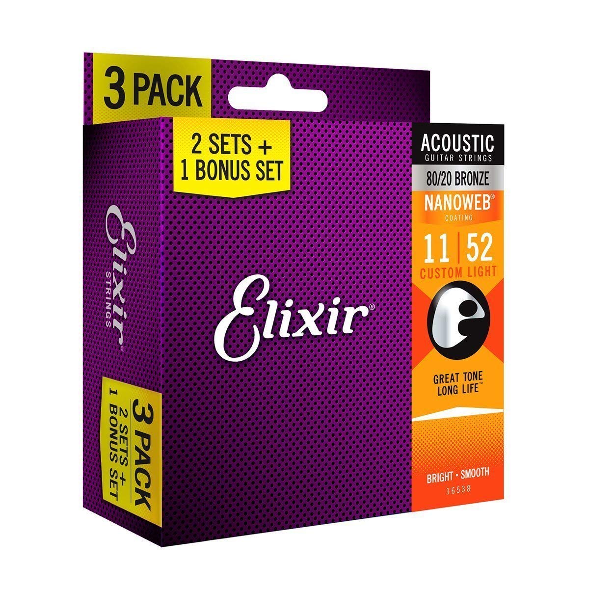 Elixir Strings 80/20 Bronze Acoustic Guitar Strings With Nanoweb Coating, 3-Pack, Custom Light .011-.052 (16538)