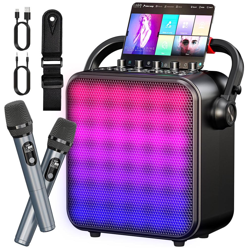 Karaoke Machine For Adults & Kids With Full-Screen Led Lights, Portable Bt Speaker With 2 Microphones, Bass/Treble Adjustment, S