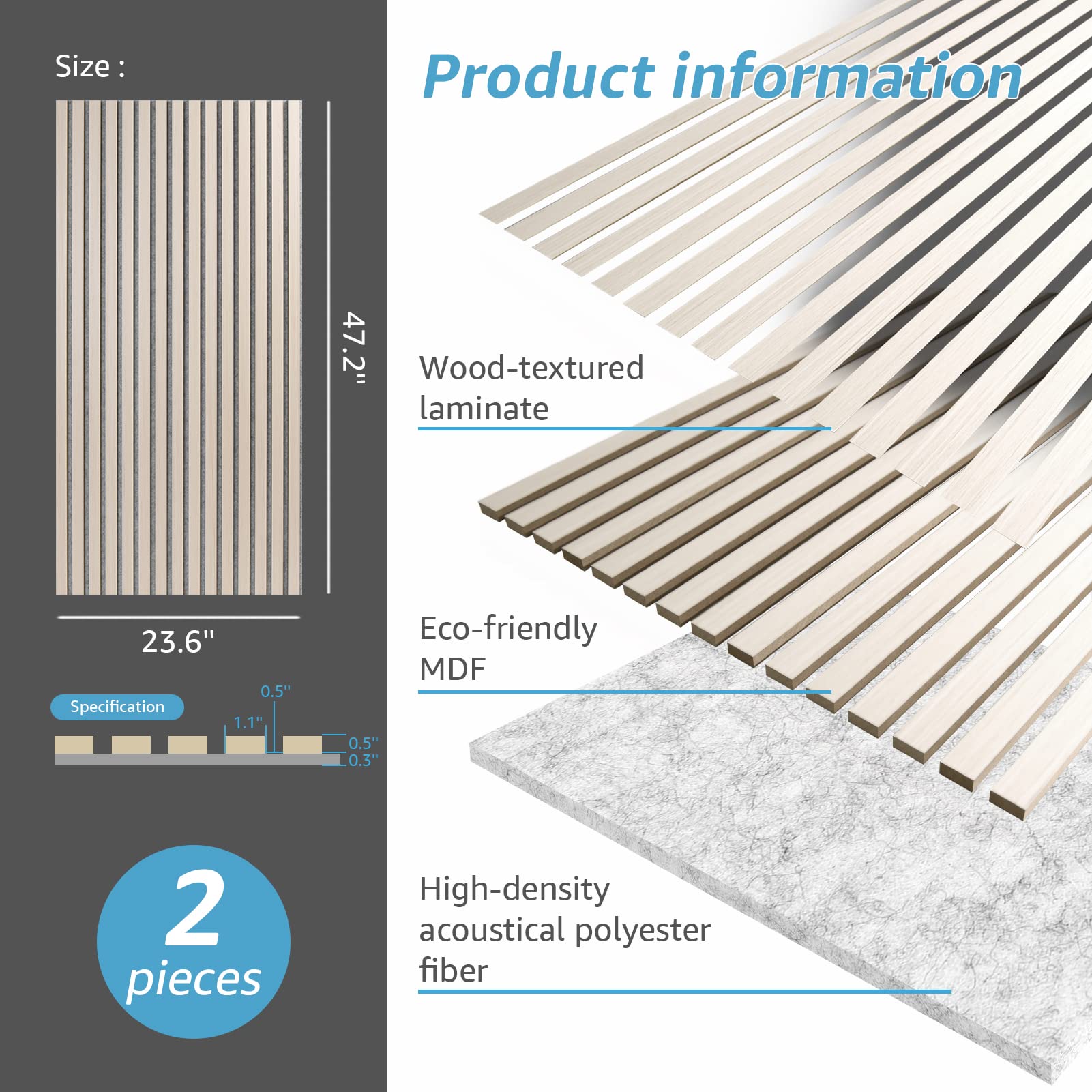 Art3d 2 Wood Slat Acoustic Panels for Wall and Ceiling - 3D Fluted Sound Absorbing Panel with Wood Finish - White Elm
