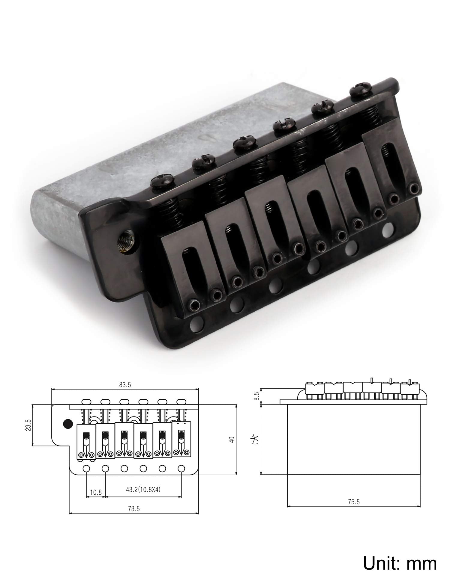 Metallor 6 String Electric Guitar Tremolo Bridge Zinc Saddles for Fender Strat Squier Style Guitar with Whammy Bar Black.