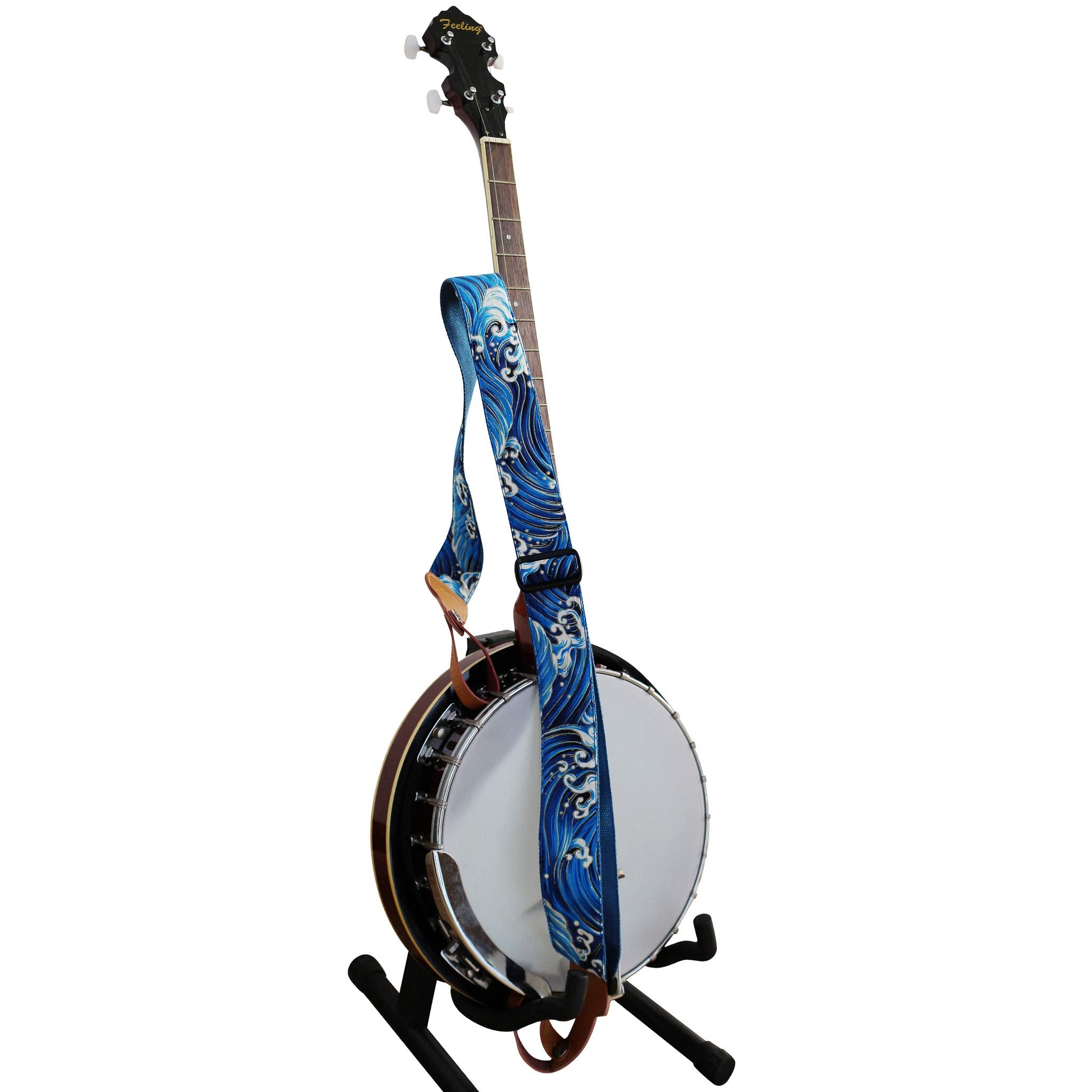 MUSIC FIRST Original Design, 2 inch width (5cm), Tsunami Waves    Soft Muslin & Genuine Leather Delux Banjo Strap, With 2 pieces