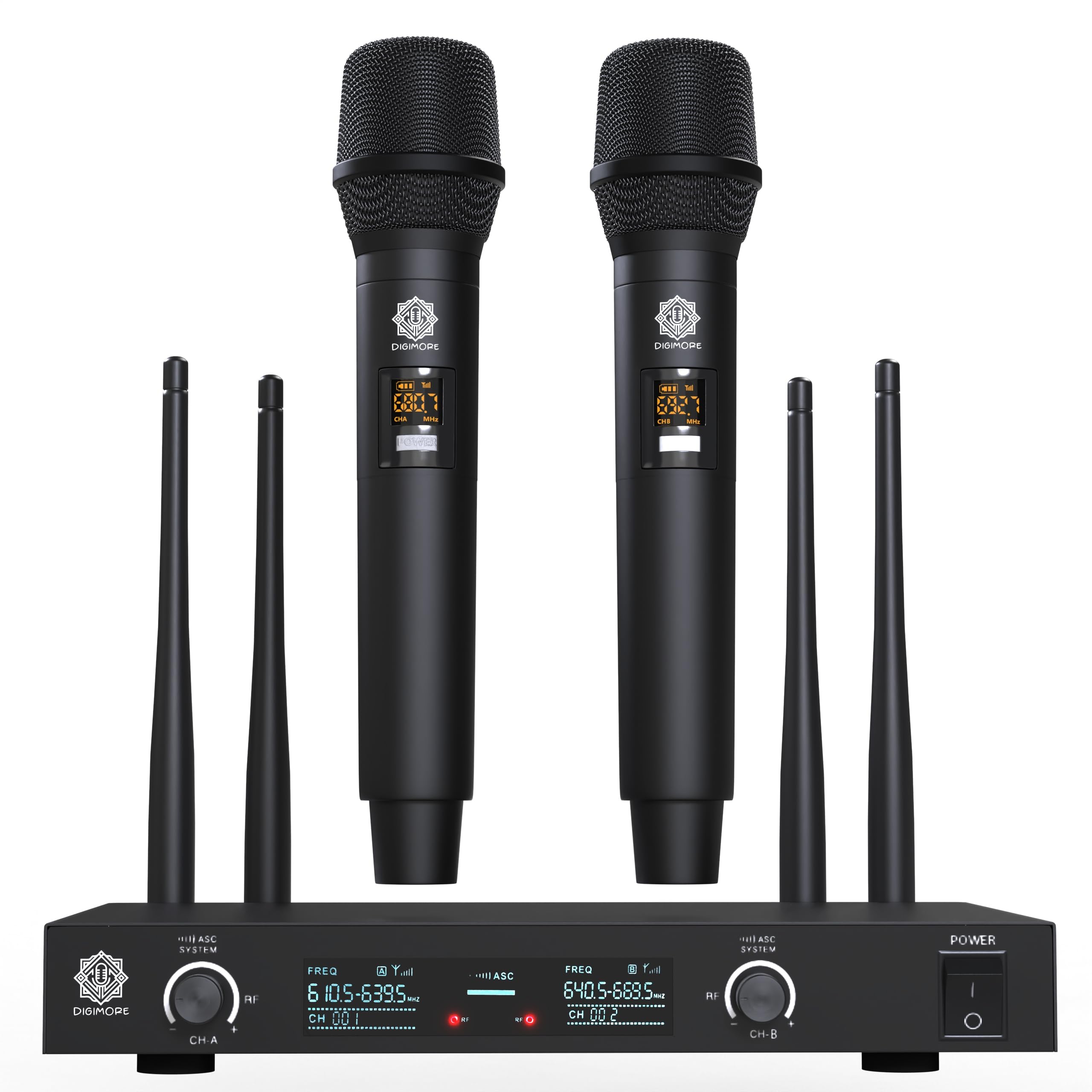 DIGIMORE Portable UHF Wireless Microphone System - Battery Operated Two Cordless Microphone Set with 60 Channels Selectable Freq