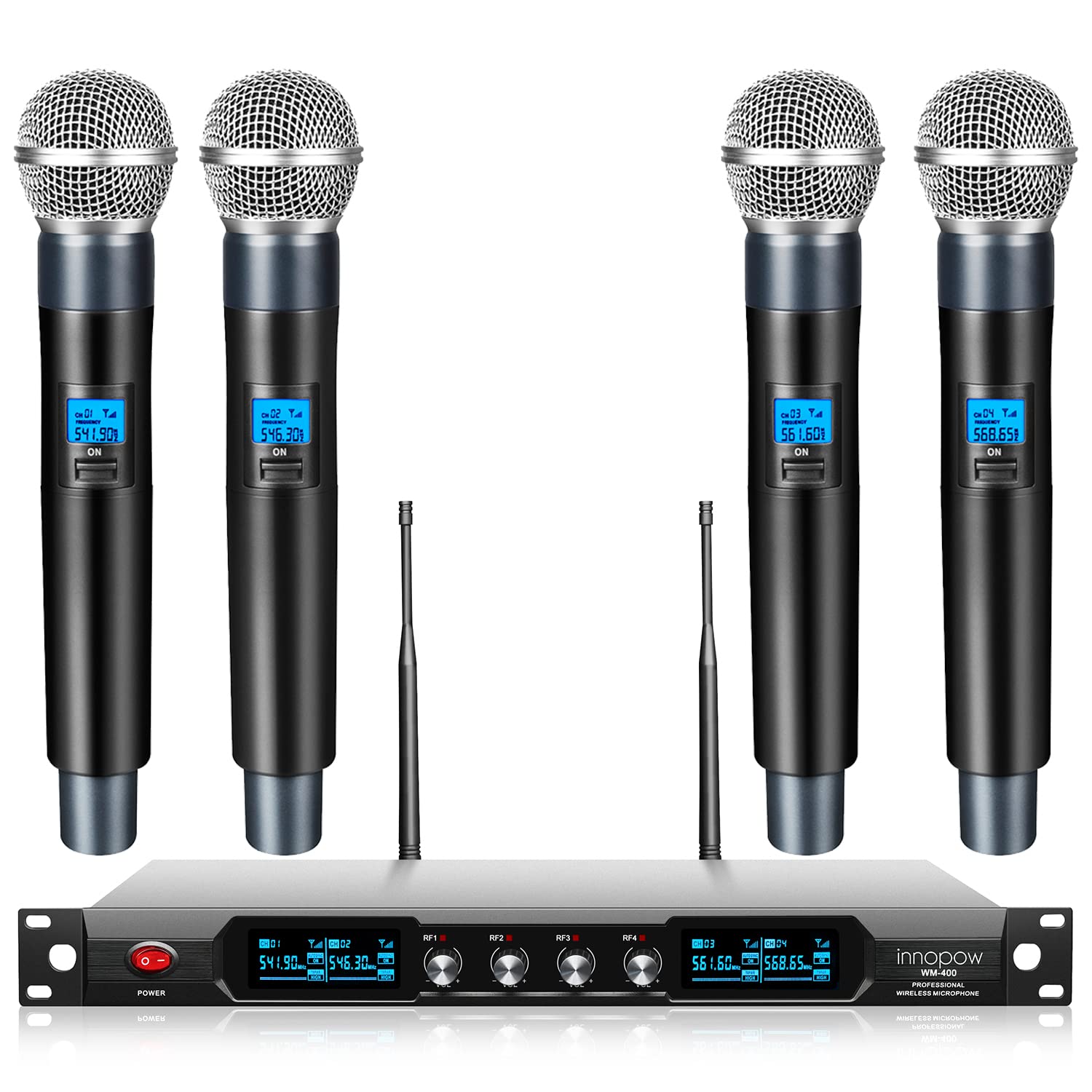 Innopow 4-Channel Wireless Microphone System, Quad Uhf Metal Cordless Mic, 4 Handheld Mics, Long Distance150-200Ft, Fixed Freque