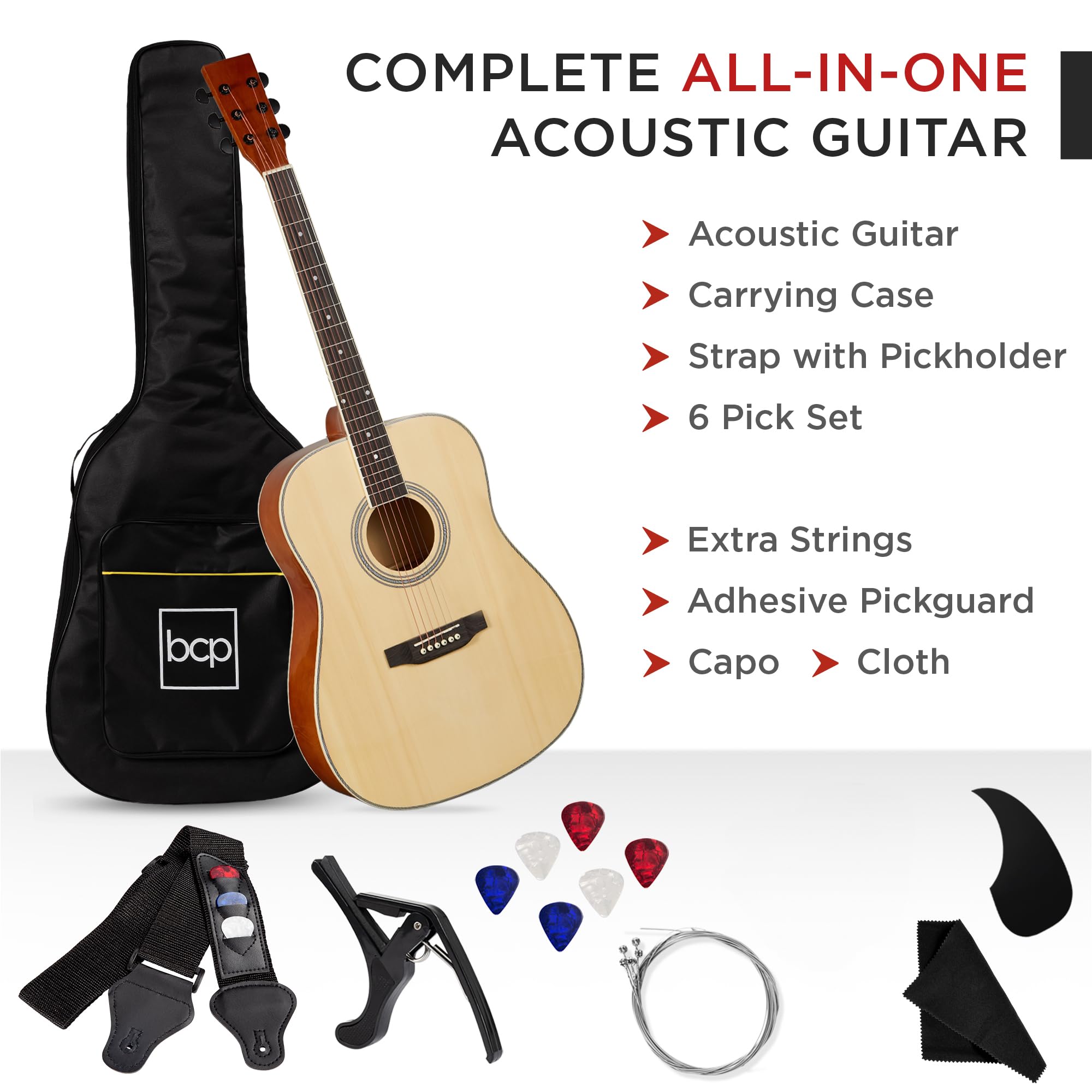 Best Choice Products 41in Full Size Beginner All Wood Acoustic Guitar Starter Set w/Case, Strap, Capo, Strings, Picks - Natural