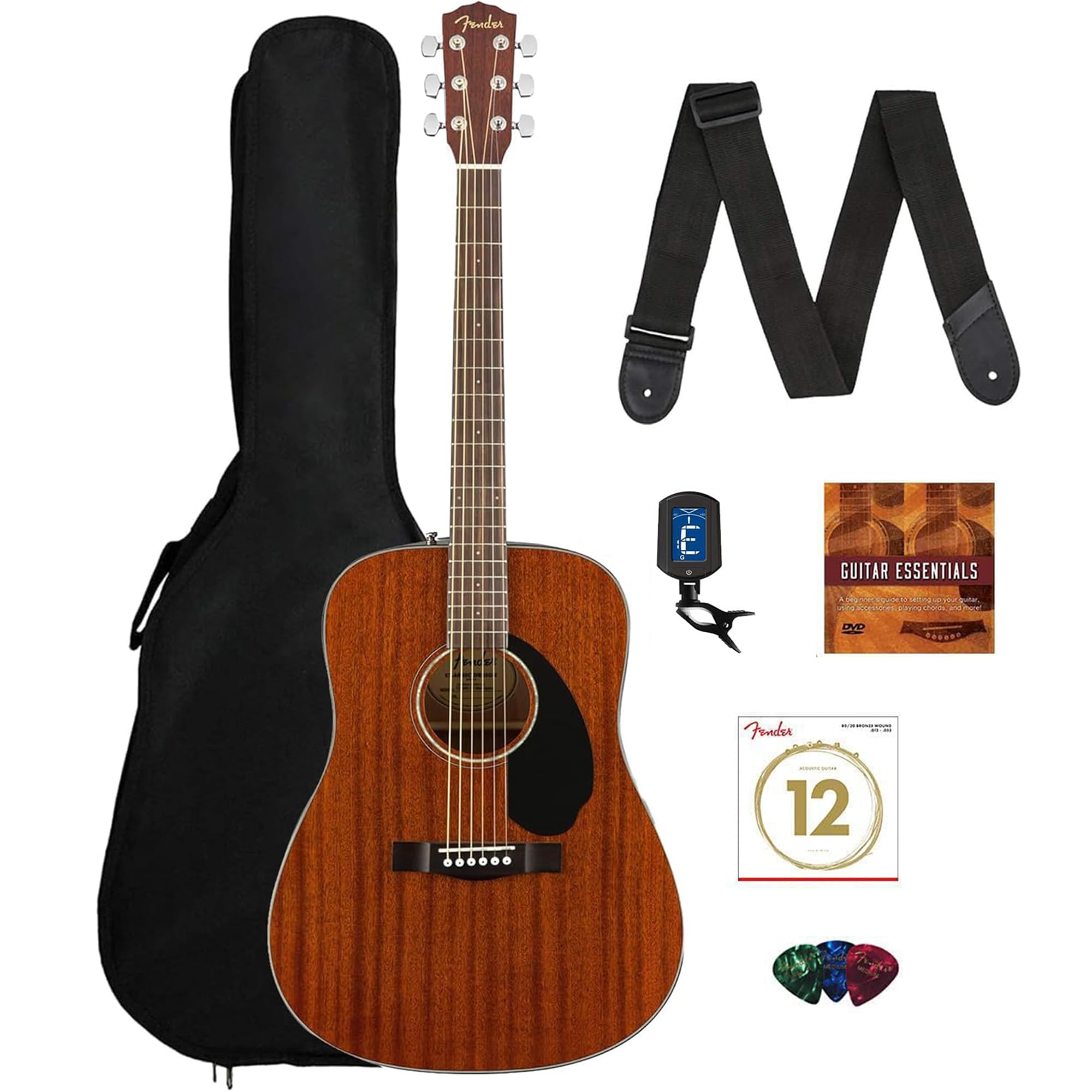 Fender Cd-60S Solid Top Dreadnought Acoustic Guitar - All Mahogany Bundle With Gig Bag, Tuner, Strap, Strings, Picks, And Austin