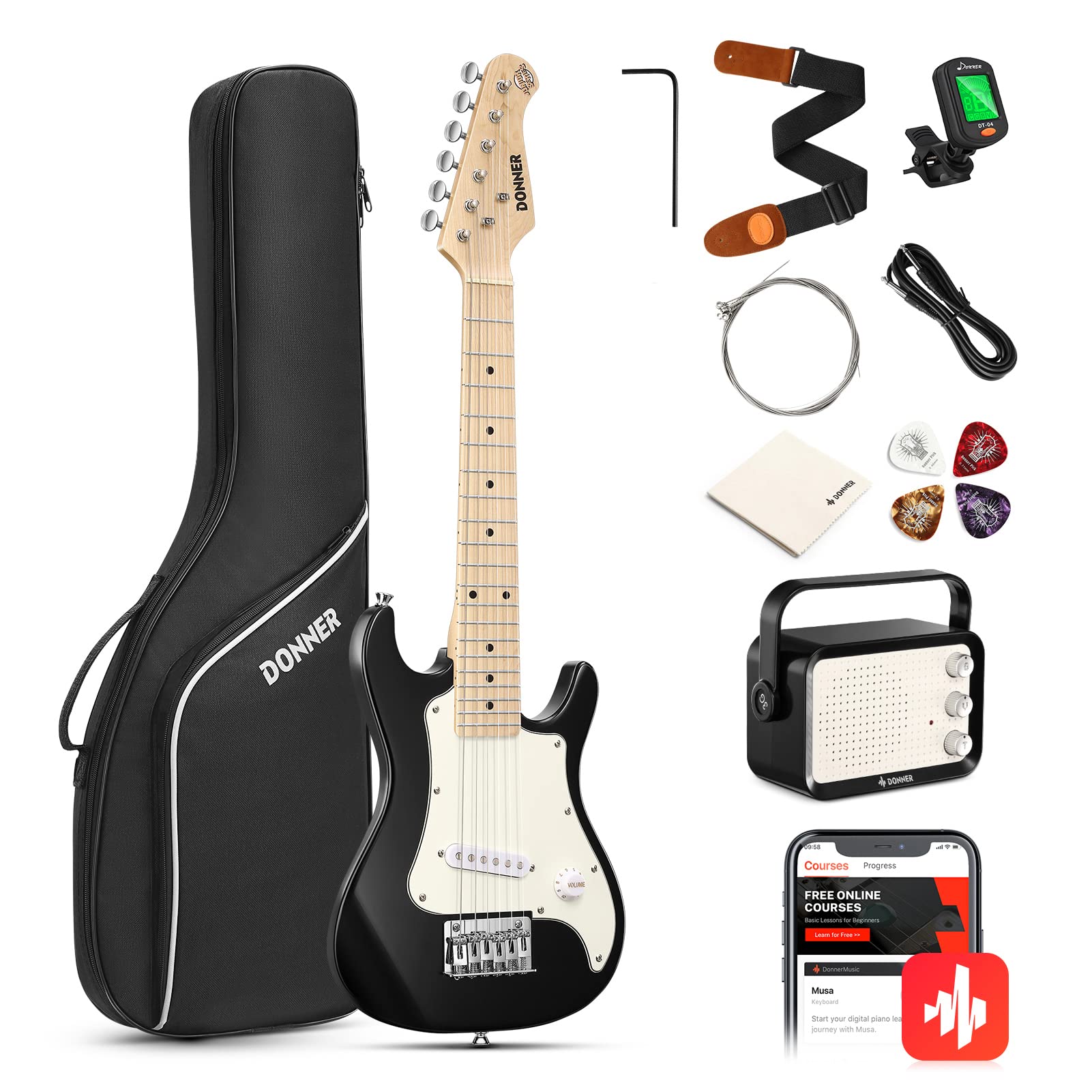 Donner 30 Inch Kids Electric Guitar Beginner Kits St Style Mini Electric Guitar For Boys Girls With Amp, 600D Bag, Tuner, Picks,