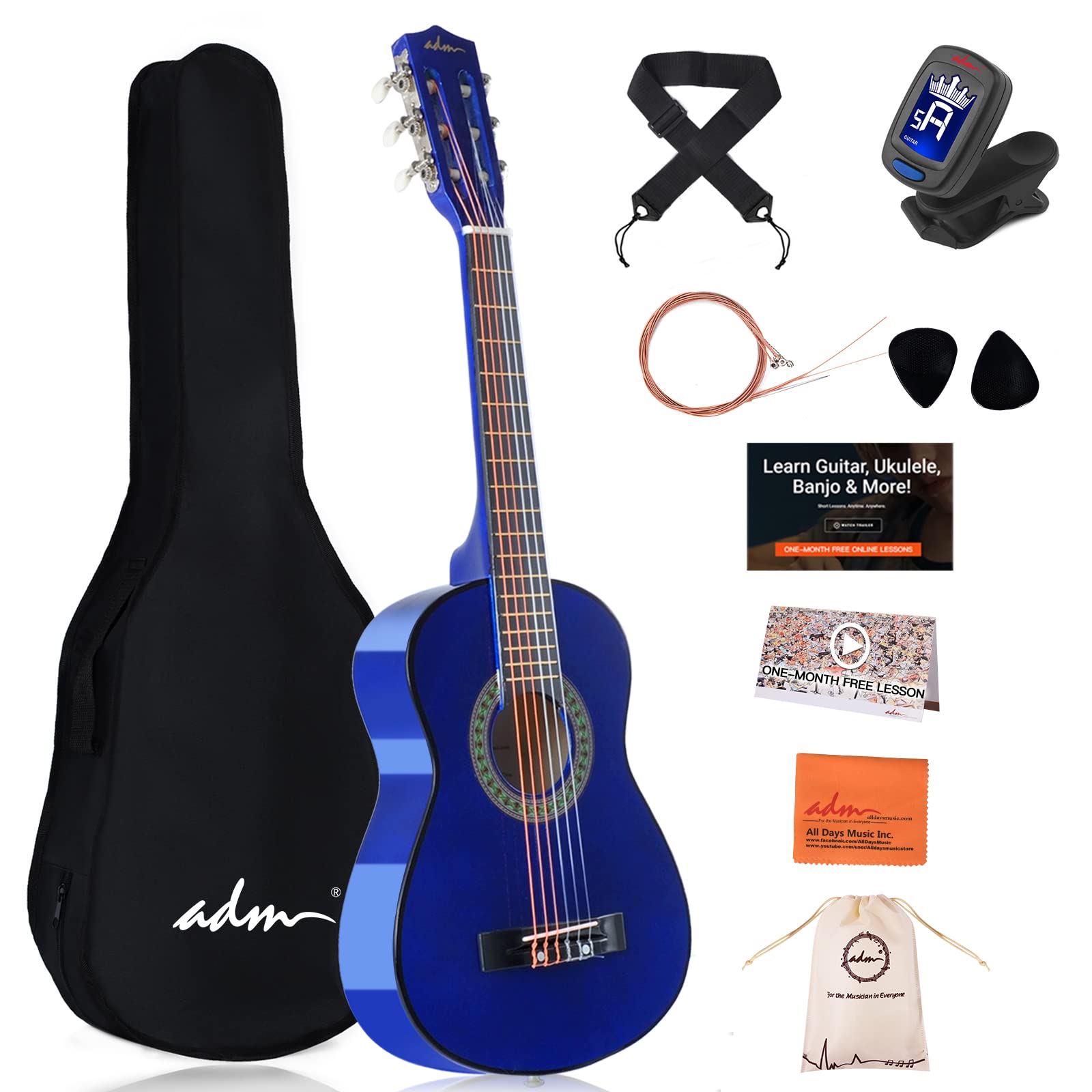 Adm Beginner Acoustic Classical Guitar 30 Inch Nylon Strings Wooden Guitar Bundle Kit For Kid Boy Girl Student Youth Guitarra On