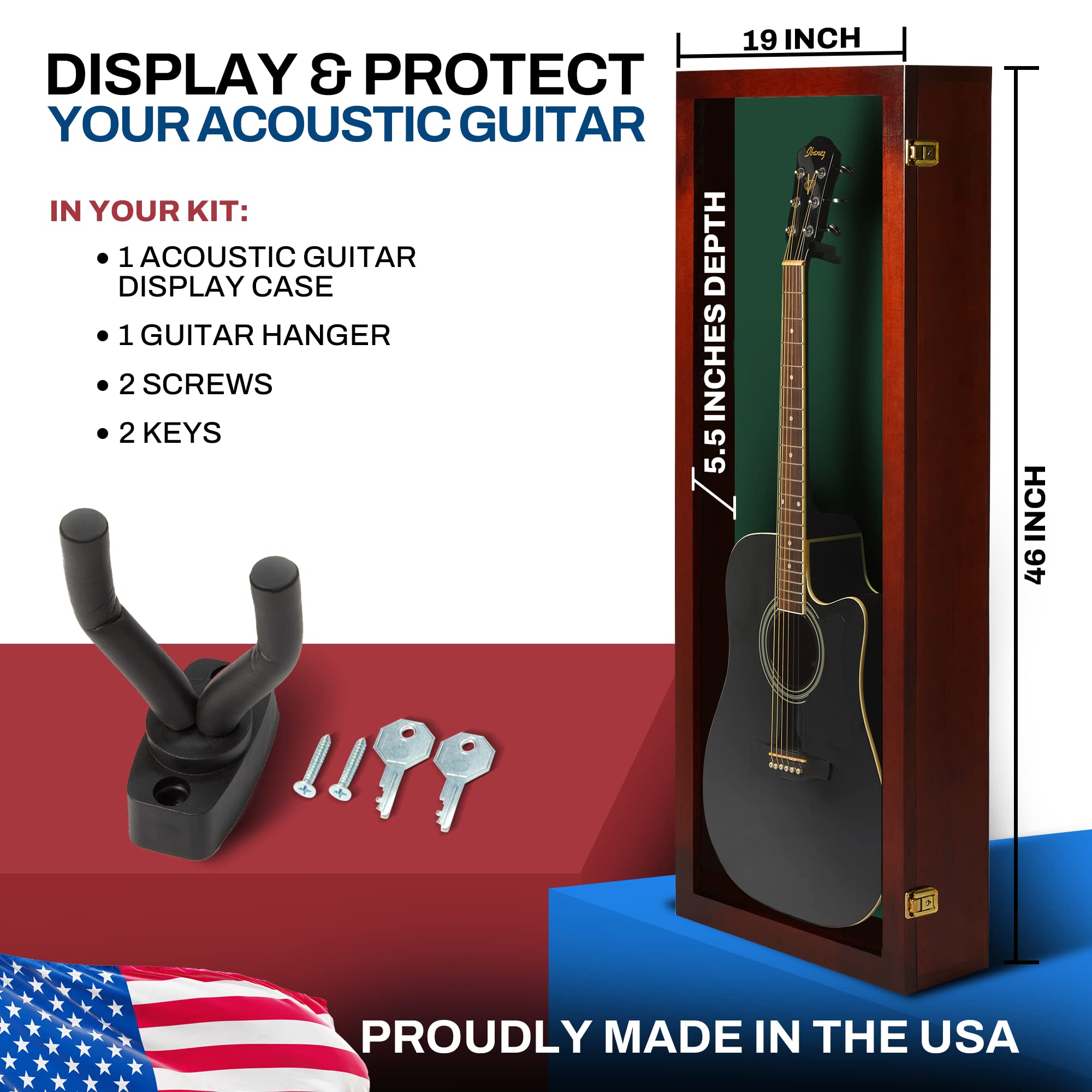 PENNZONI Acoustic Guitar Display Case - Acrylic Acoustic Guitar Case - Guitar Display Case Wall Mount Made from Hardwood Frame &