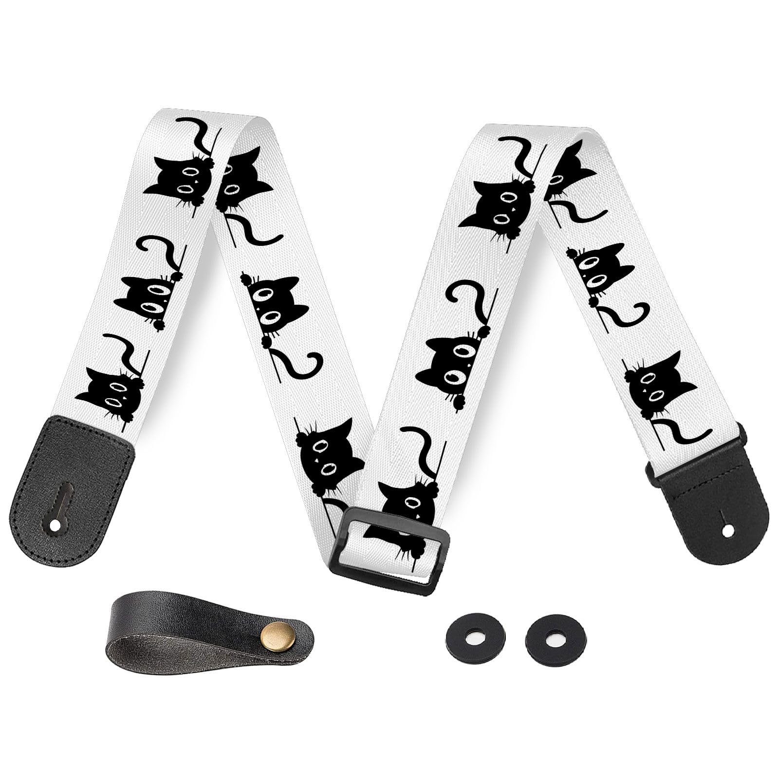 HSIAHOU Guitar Strap Electric Guitar Straps Personalized Rainbow Strap with Funny Cat Design, Polyester Cotton Material, Adjusta