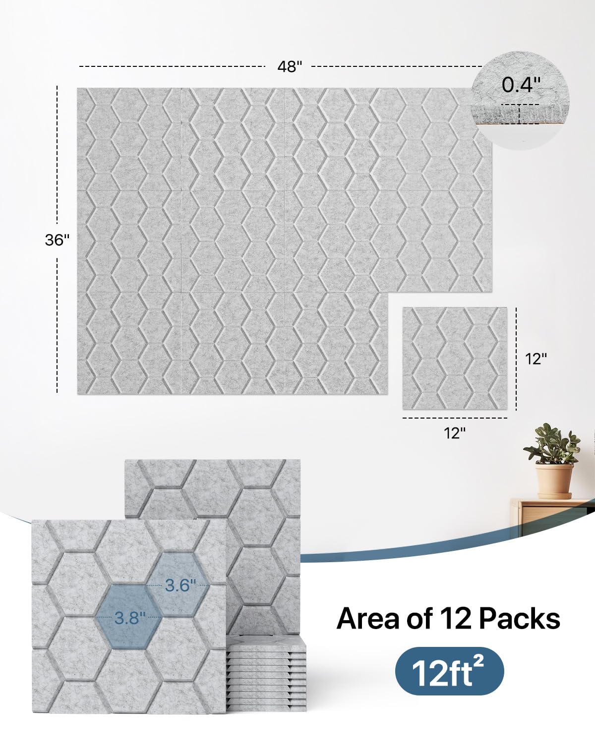 Sound Proof Foam Panels for Walls, Kuchoow Acoustic Panels Sound Absorbing, 12 Pack High Density Soundproof Wall Panels Self Adh