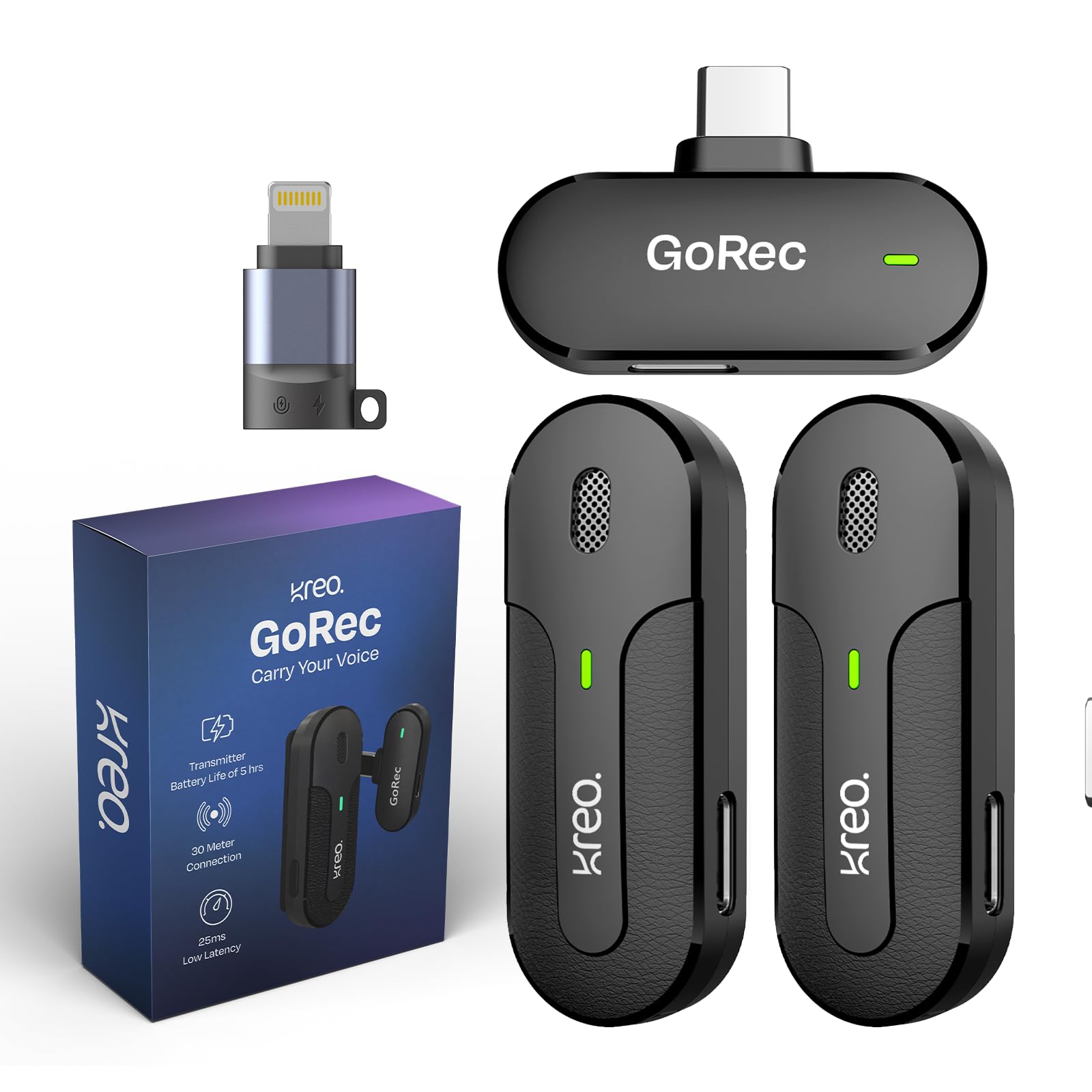 Kreo Gorec Professional Wireless Mic With Dual Transmitter, Usb-C & Converter With Android, Long Battery Life, UltraLow Latency,