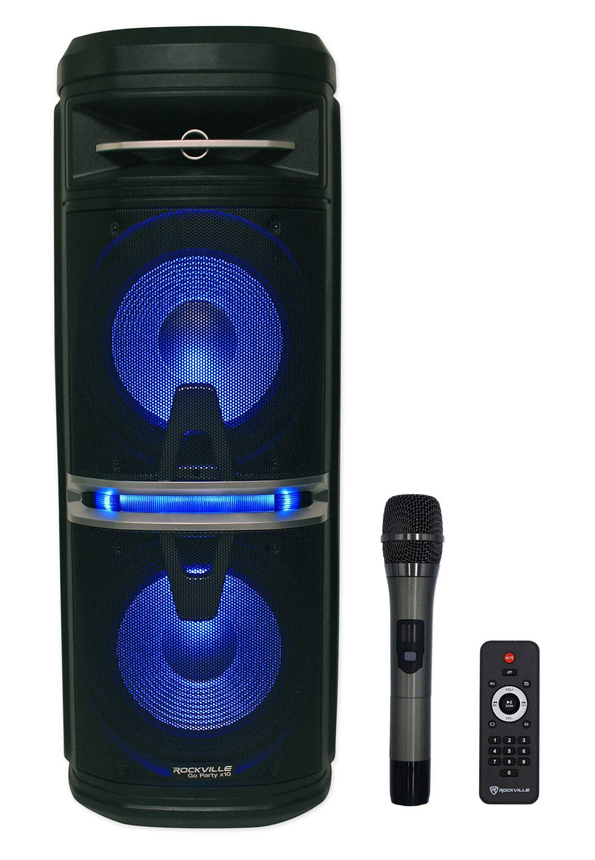Rockville Go Party X10 Dual 10 1000W Battery Powered Bluetooth Speaker with Wireless Mic, Deep Bass, Party Lightshow, Up to 15 H