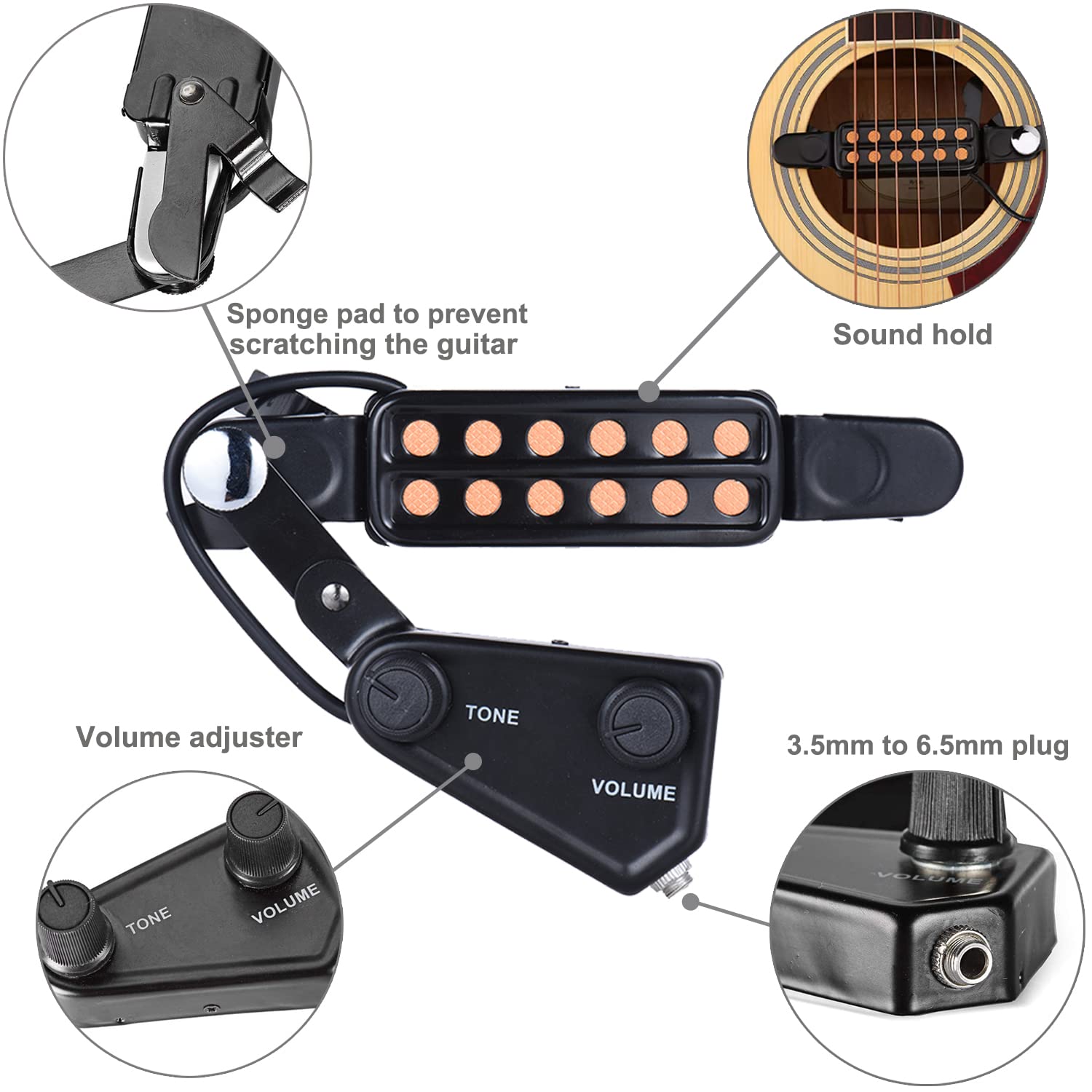 ENASGLOO 12-Hole Guitar Pickup Acoustic Electric Transducer for Acoustic Guitar Magnetic Preamplifier with Guitar Capo & 10 FT A