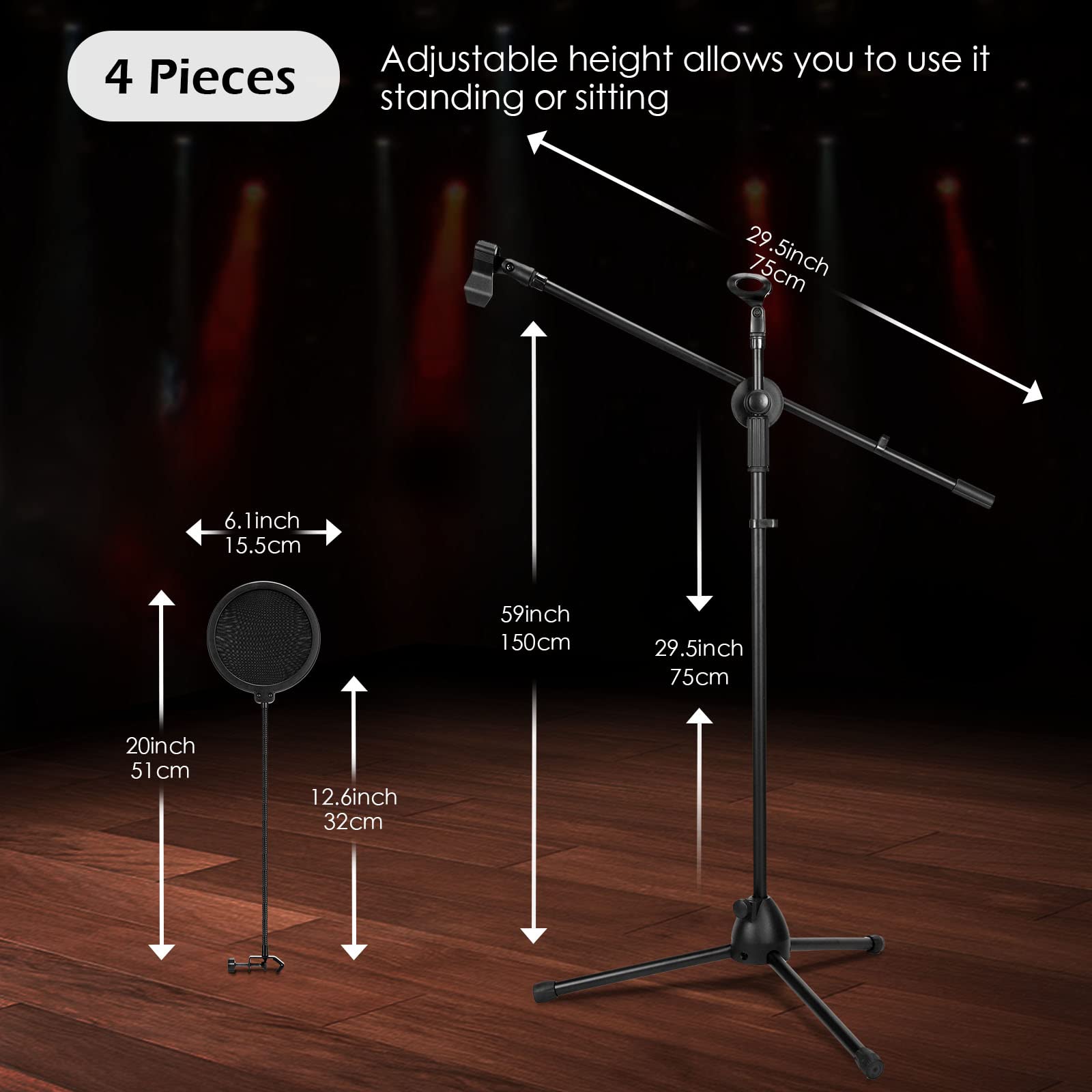 4 Pcs Tripod Microphone Stand Adjustable Boom Height Mic Stand with Mic Clip and Windscreen for Live Stream, Singing, Stage Perf