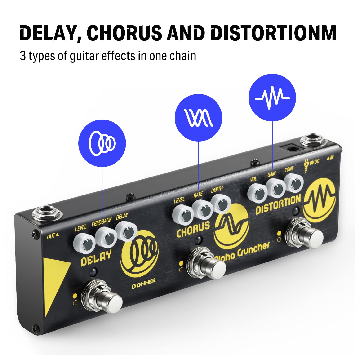 Donner Multi Effects Guitar Pedal Alpha Cruncher 3 Type Effects Delay Chorus Distortion Pedal with Adapter for Electric Guitar