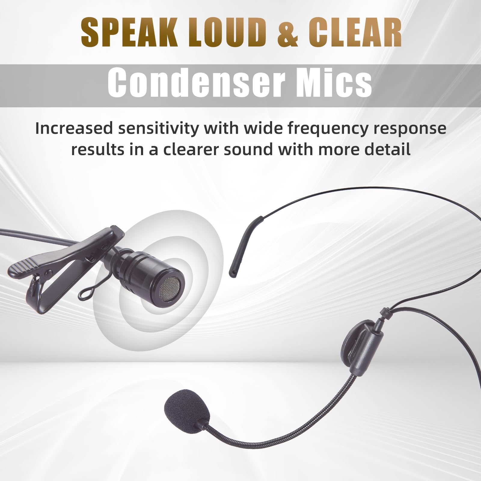 Wireless Microphones System with UHF Headset/Lavalier Lapel Mics, Bodypack Transmitter, 4 x 50 Channels, 164ft Range for Church