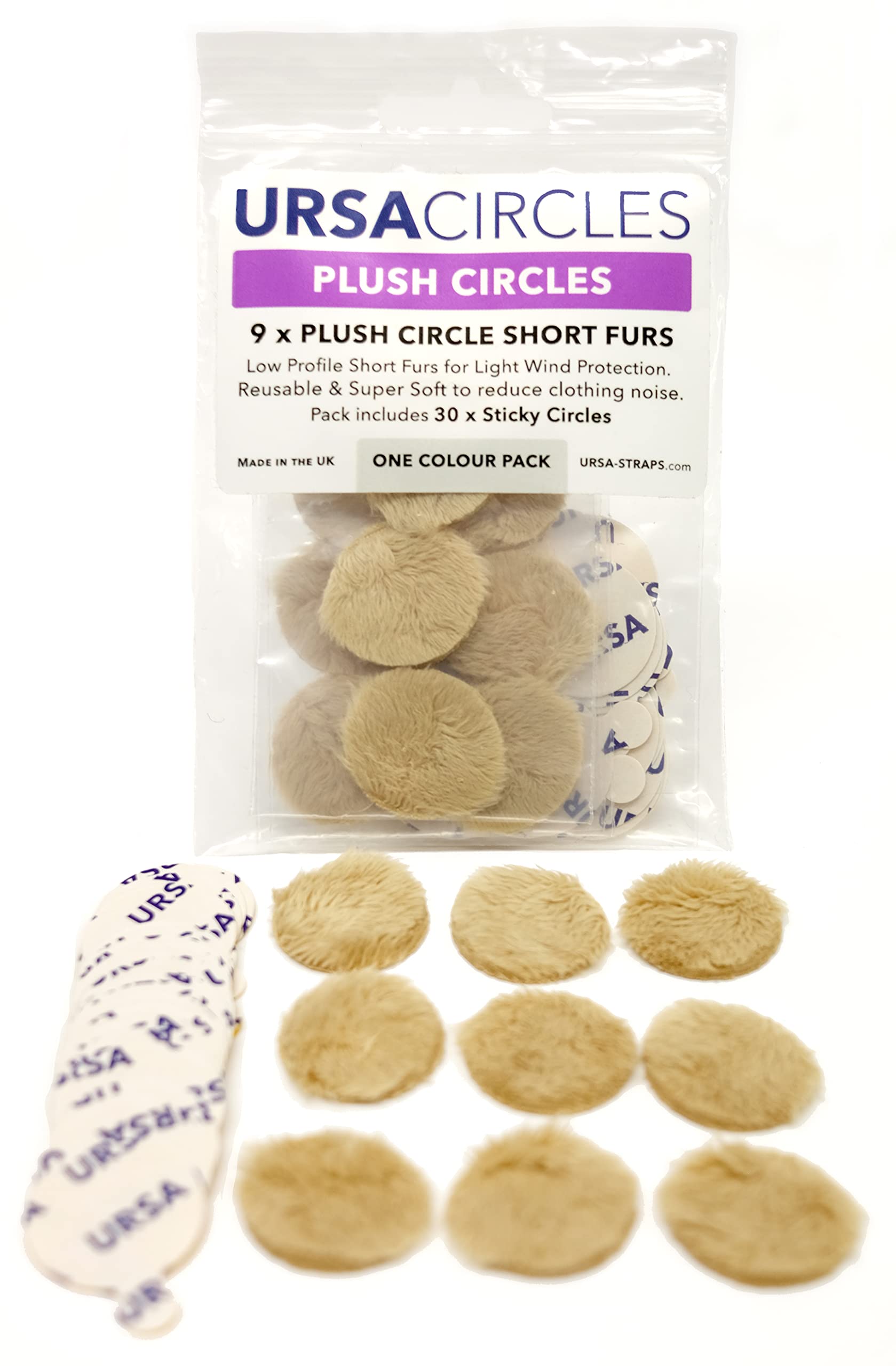 URSA Plush Circles - 5mm length short fur LAV covers. Reusable & Super Soft. 25mm Diameter (9x Circles + 30x Stickies, Beige)