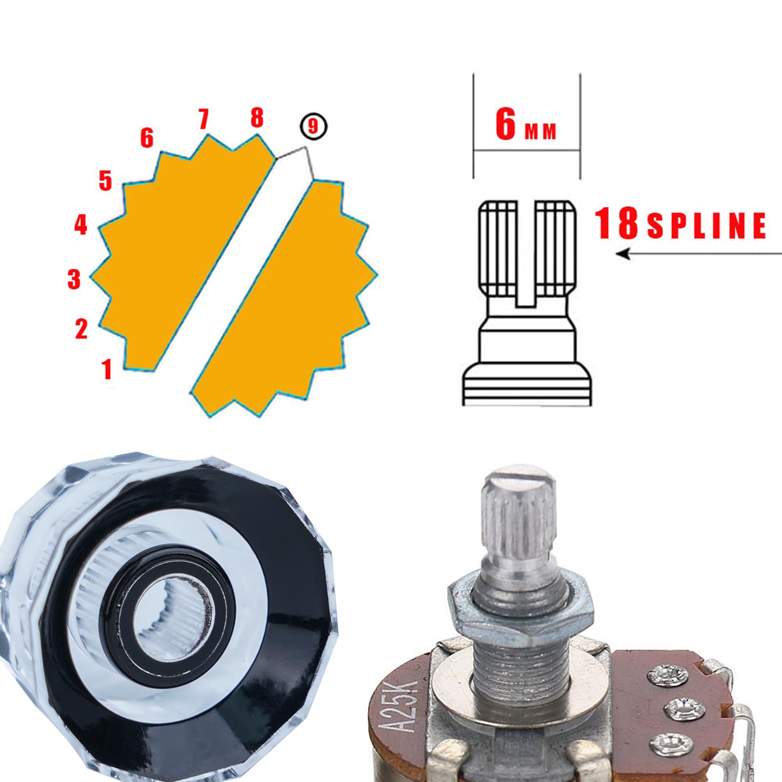 XIYANGJUAN 4pcs Electric Guitar Knobs Clear Black Dodecagon Design Speed Control Volume Tone Knobs for PRS SG LP Style Guitar Ac