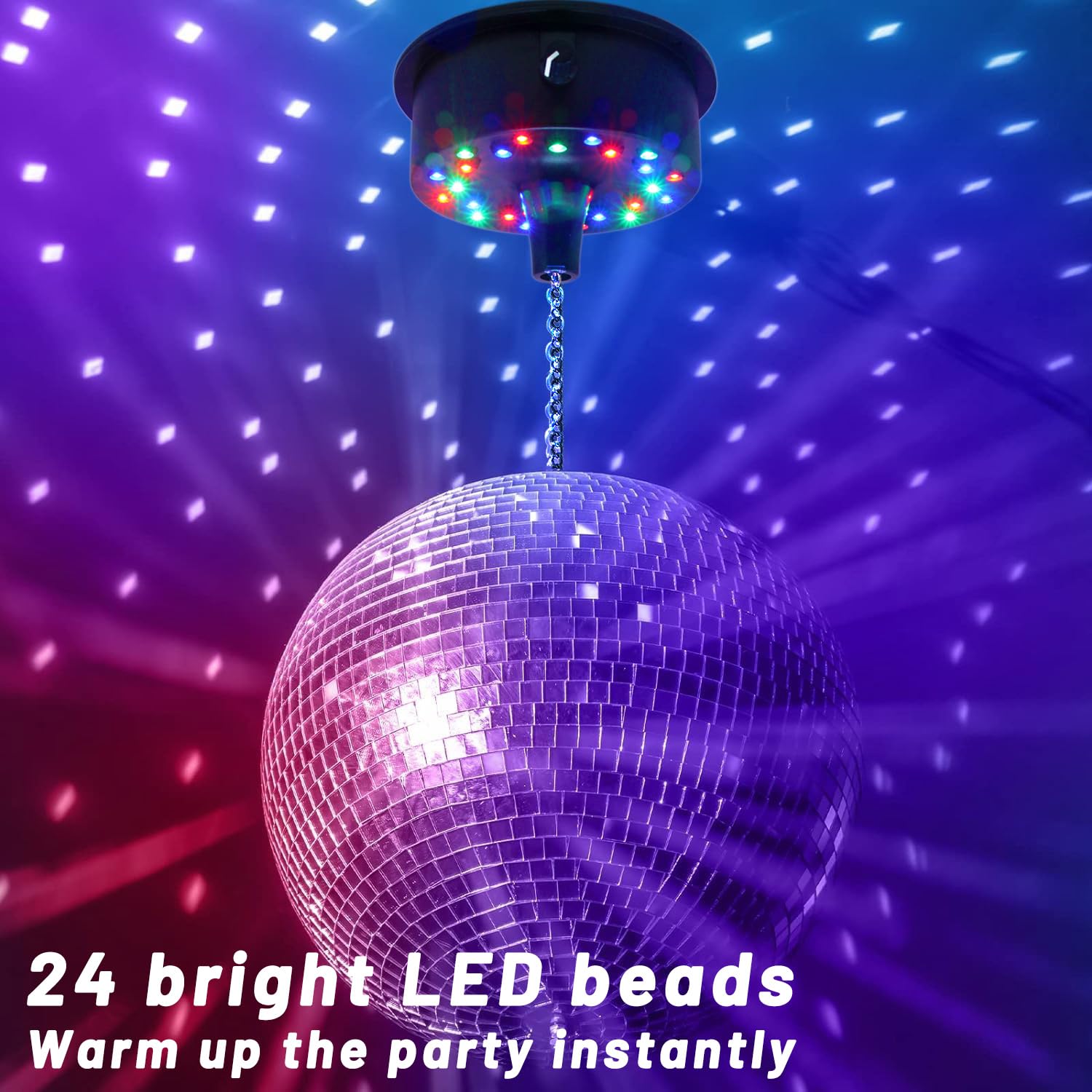Disco Ball Rotating Motor with Chain 5RPM-10RPM Adjustable Speed,Plug/Battery Powered Mirror Ball Motor with 24 LED Beads for Di