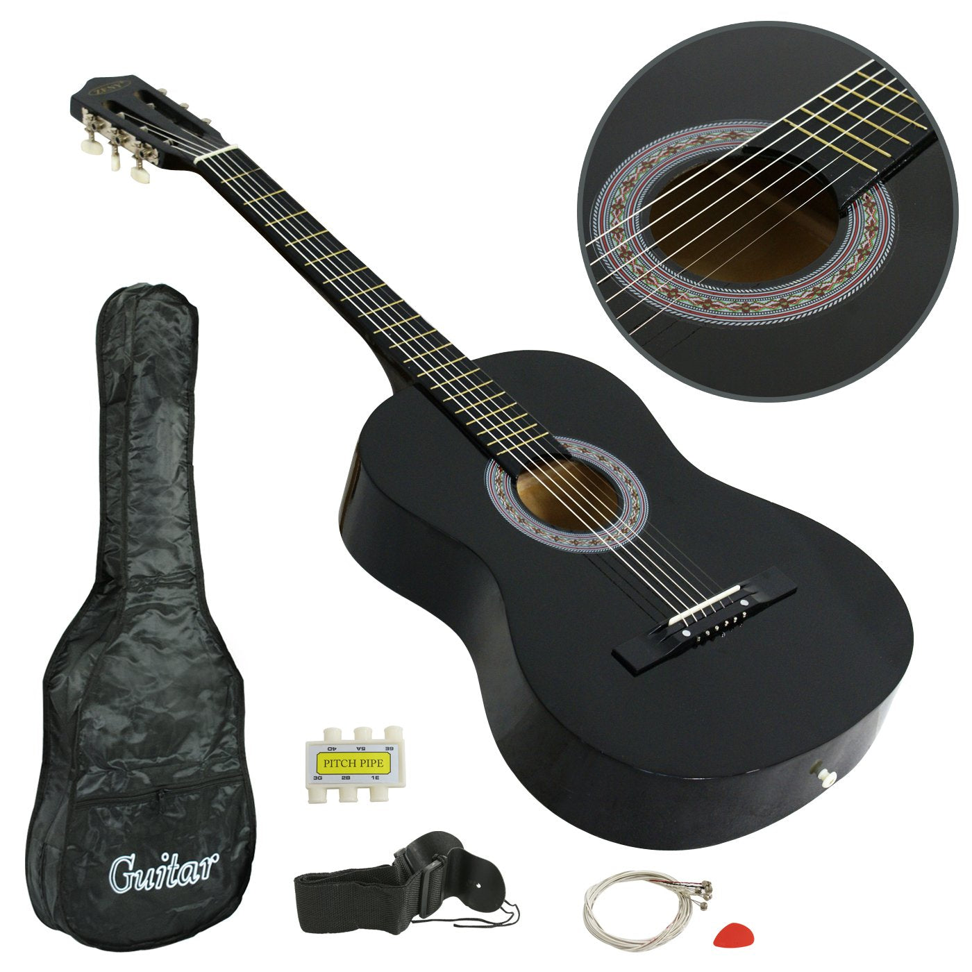 ZENY 38'' New Beginners Acoustic Guitar With Guitar Case, Strap, Tuner and Pick (Black)