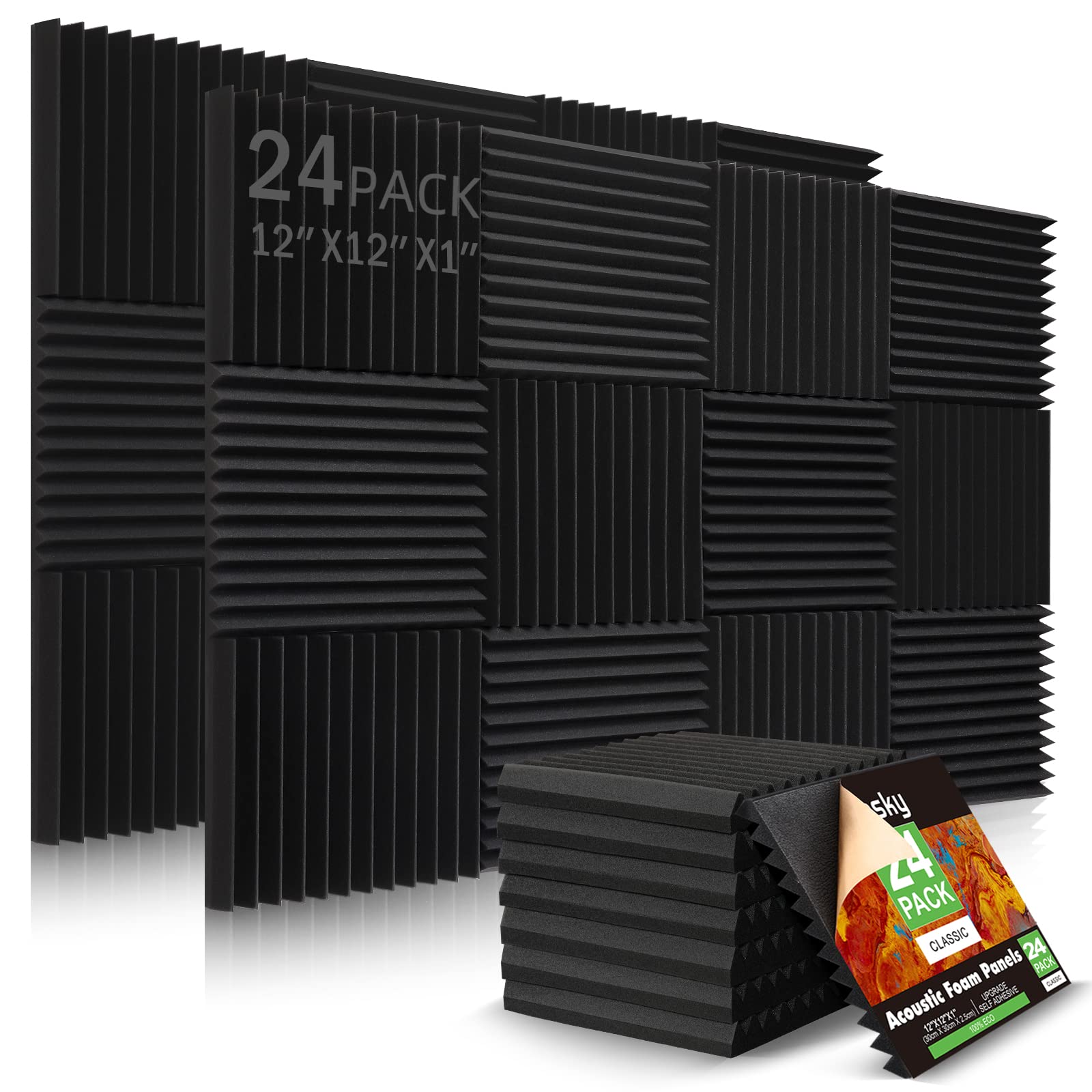 24 Pack Acoustic Panels, 1 X 12 X 12 Acoustic Foam Panels, Sound Proof Foam Panels, Self-Adhesive Soundproof Wall Panels,Fire-Pr