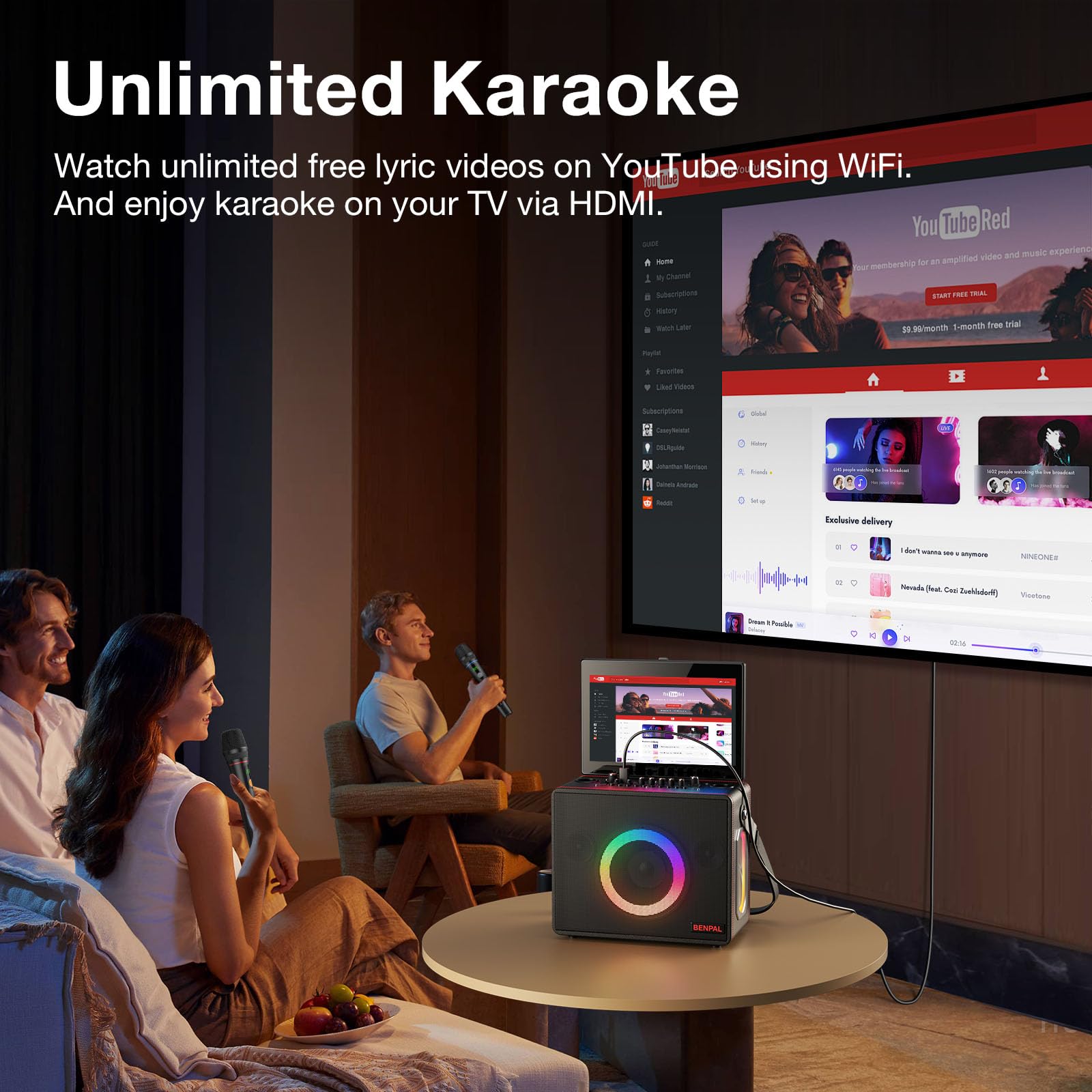 Smart Karaoke Machine with Lyrics Display, Built-in 14.0'' Touch Screen, with Bluetooth Party Speaker and Two Wireless Mics, Por