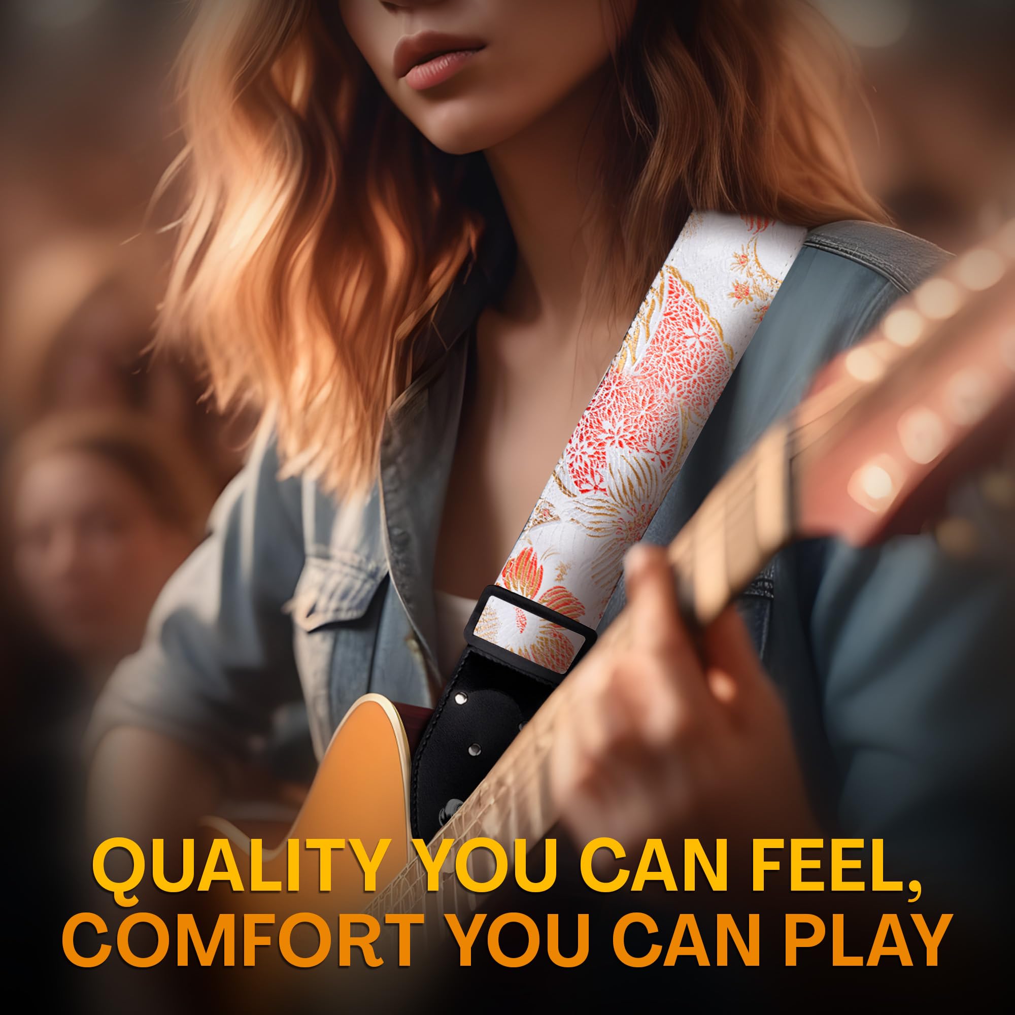 Guitar Strap For Acoustic Guitar , Electric Guitar and Bass Guitar, Adjustable Flowers Cotton Guitar Strap W/ FREE BONUS 2 Picks