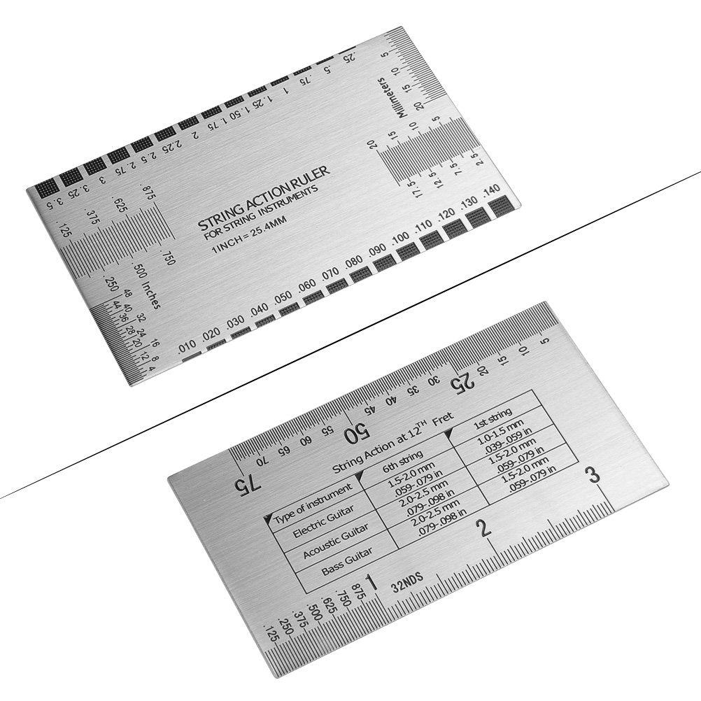TIMESETL 2Pack Stainless Steel Feeler Gauge Dual Marked Metric and Imperial Gap Measuring Tool 32 Blades + String Action Ruler G