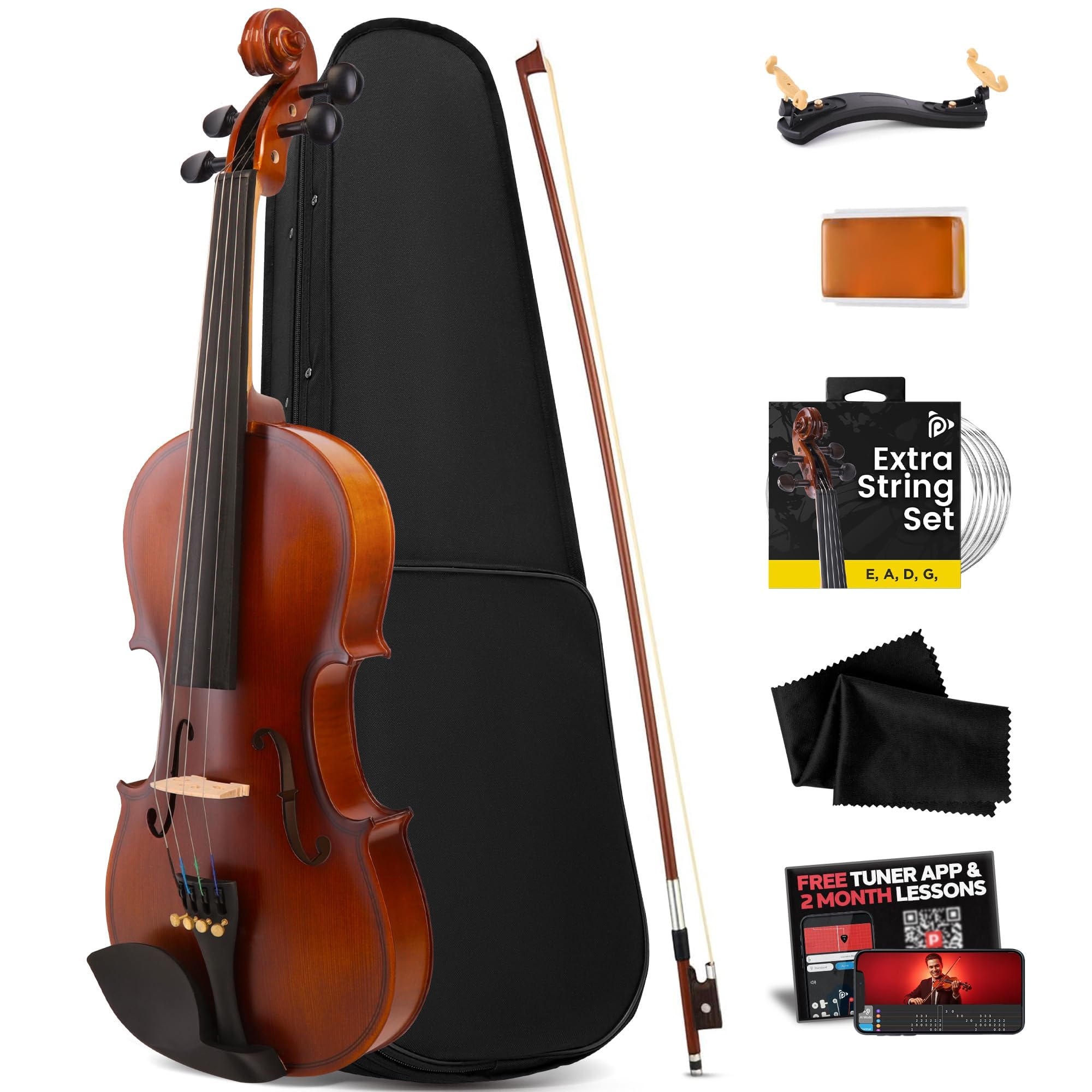 Pyle 3/4 Size Beginner Violin Starter Kit, Violin Starter Package with Travel Case & Bow, Extra Strings, Digital Tuner, Shoulder