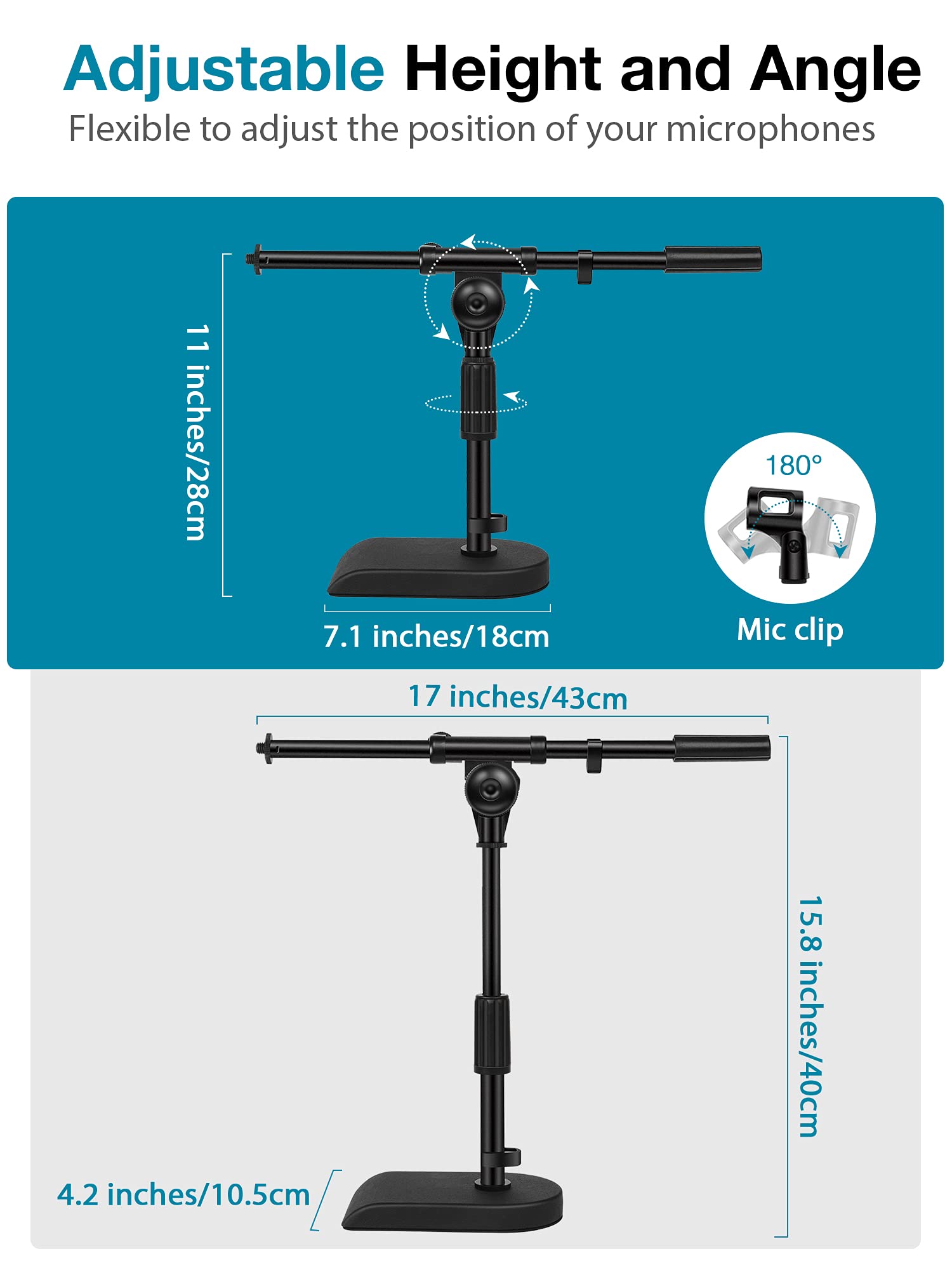 InnoGear Adjustable Desk Microphone Stand, Weighted Base with Soft Grip Twist Clutch, Boom Arm, 3/8'' and 5/8'' Threaded Mounts