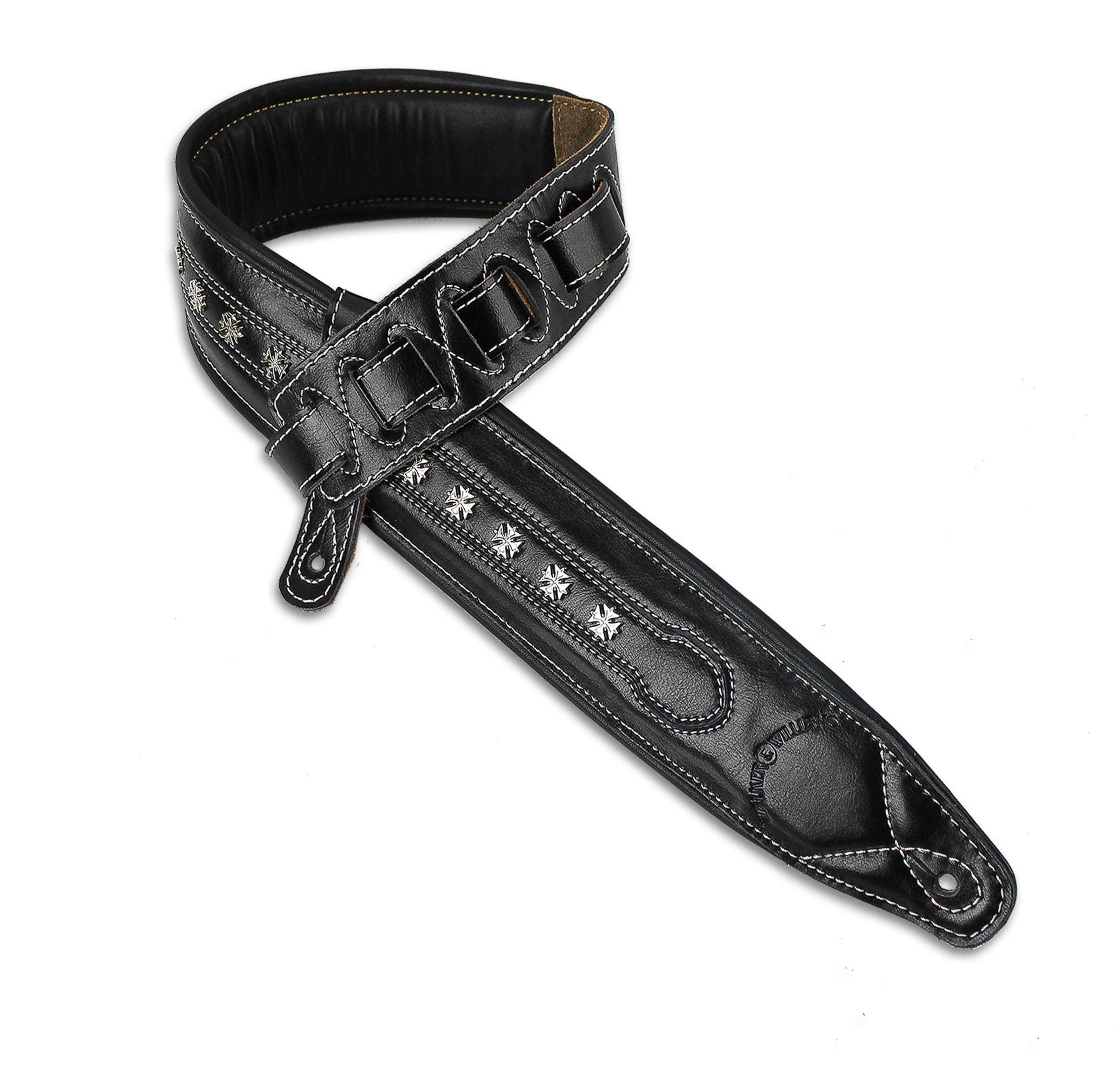 Walker & Williams C-35-Blk Smooth Texture Premium Black Full Grain Leather Soft Padded Guitar Strap With Metal Crosses For Acous