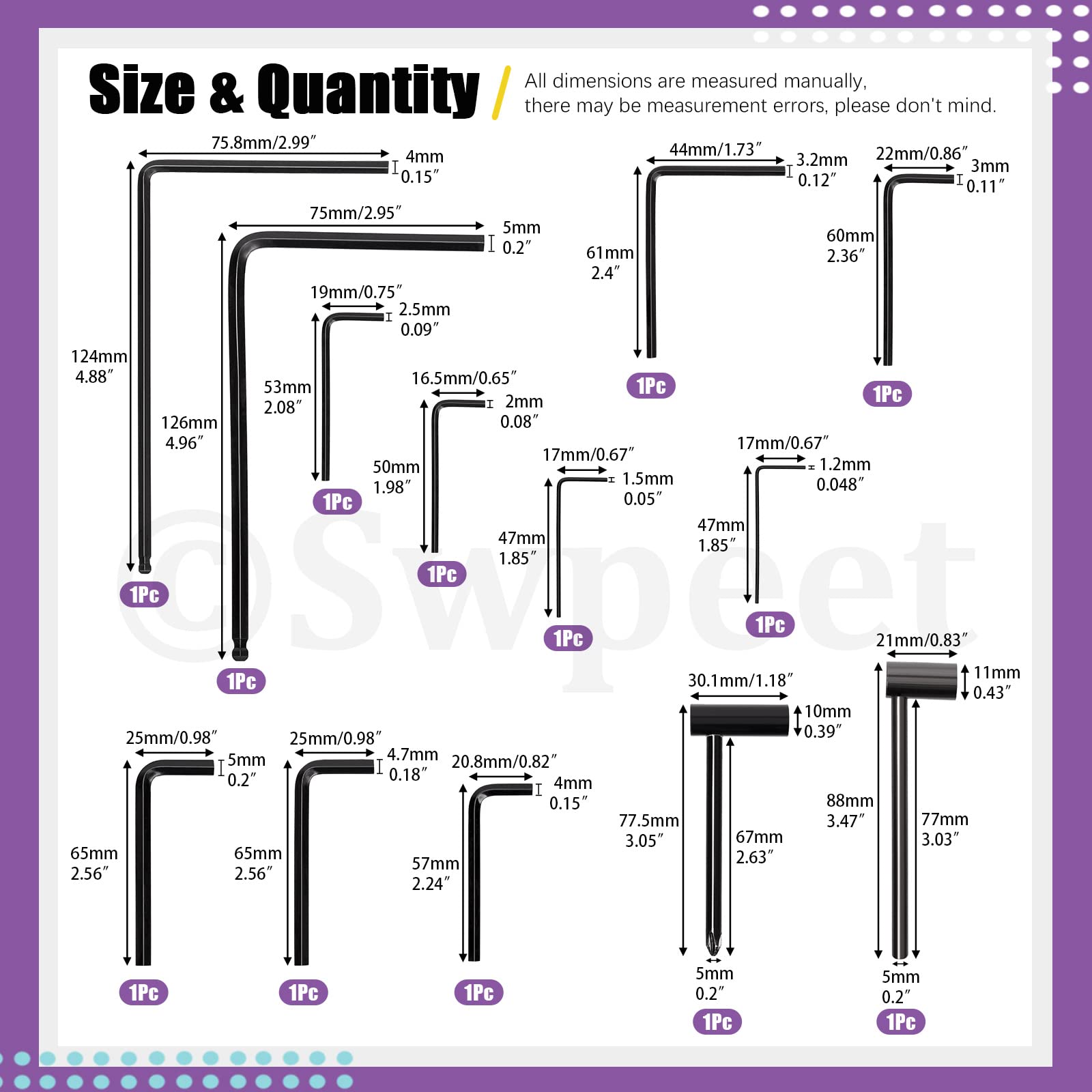 Swpeet 13Pcs Guitar Allen Wrench Set, Including 9Pcs Allen Wrench, 7mm & 8mm Truss Rod Hex Box Wrenches and 4mm & 5mm Ball End T
