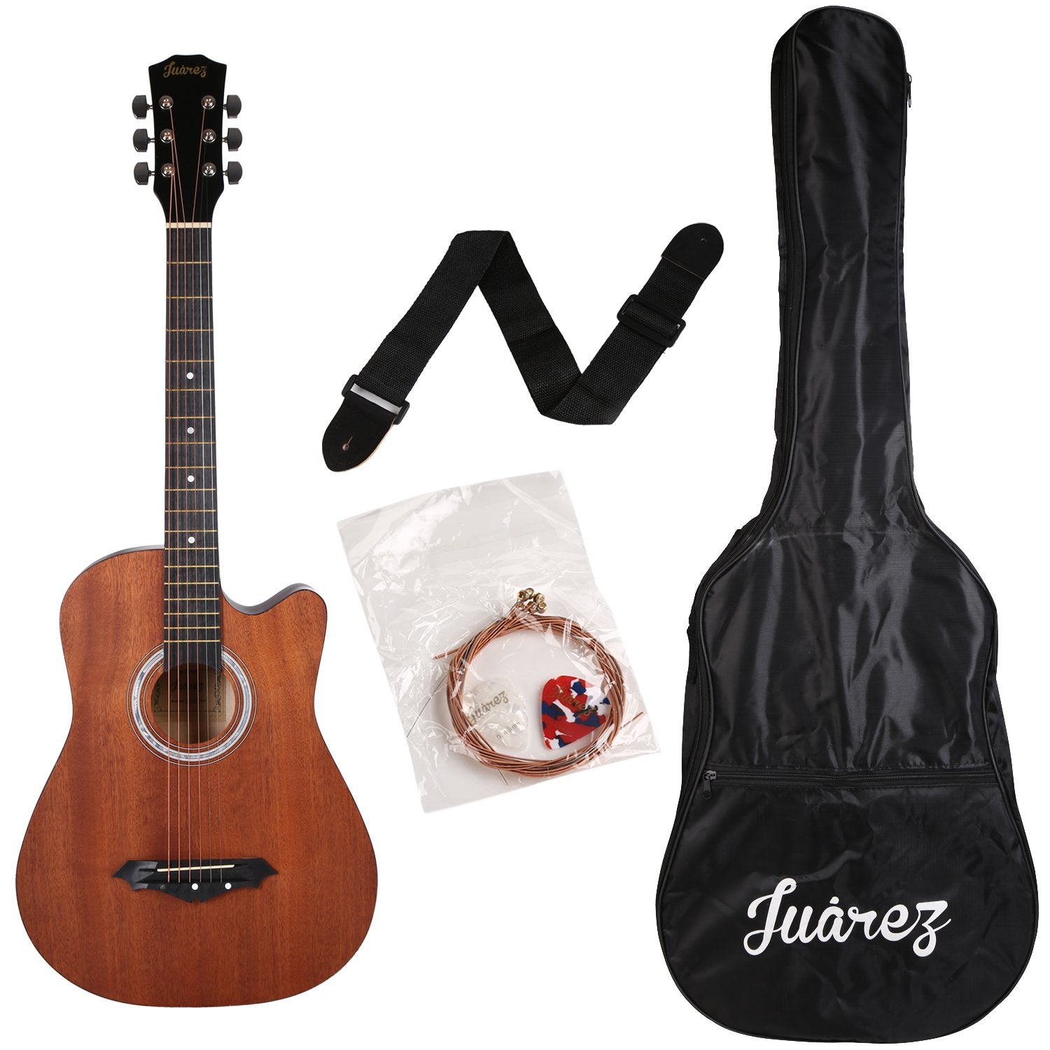 Jurez JRZ38C/MAH 6 Strings Acoustic Guitar 38 Inch Cutaway, Right Handed, Mahogany with Bag, Strings, Picks and Strap