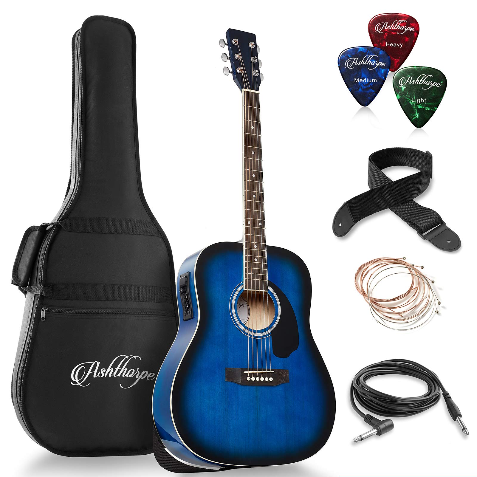 Ashthorpe Full-Size Dreadnought Acoustic-Electric Guitar Bundle - Premium Tonewoods - Blue